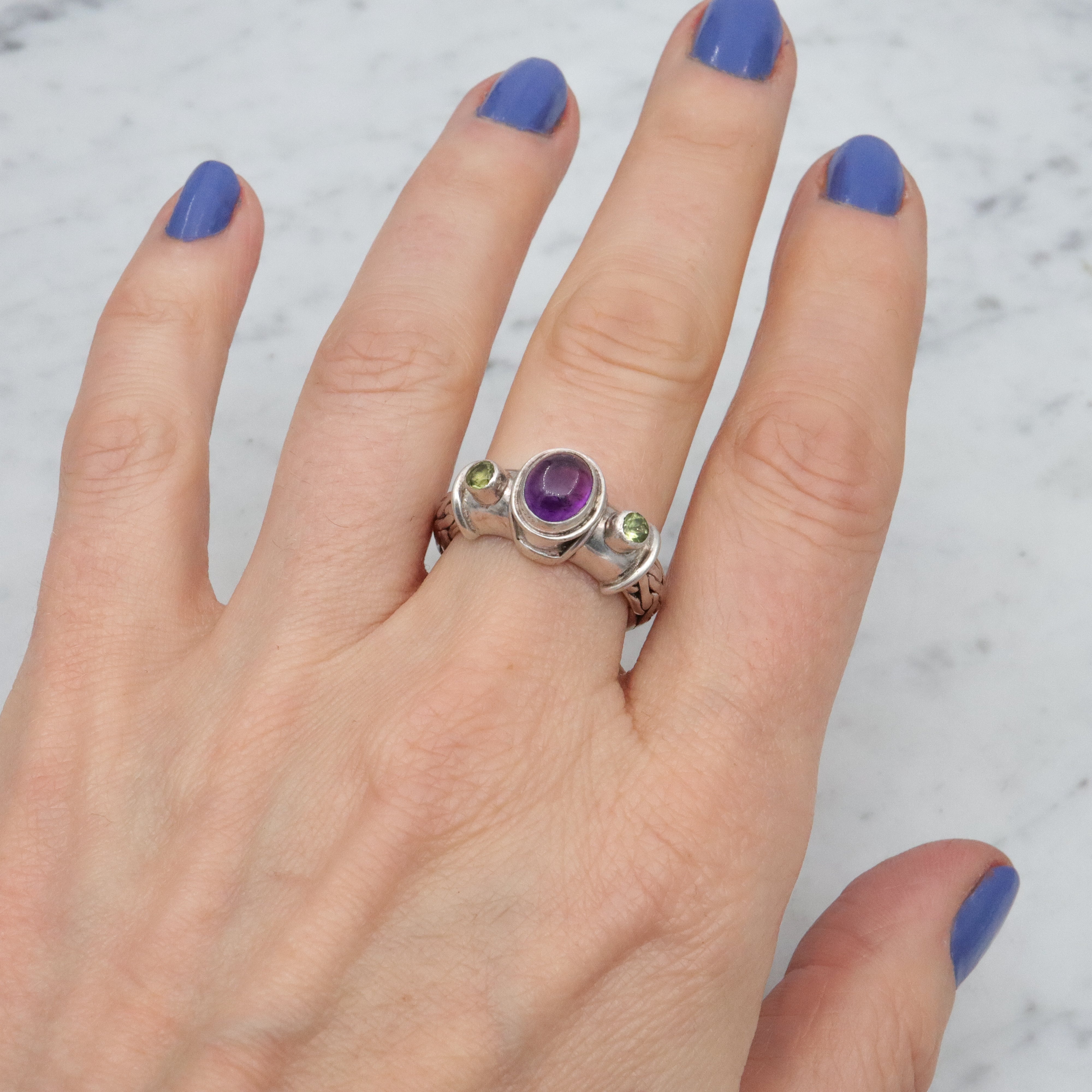 Retro Sajen amethyst & peridot woven band sterling ring, size 8