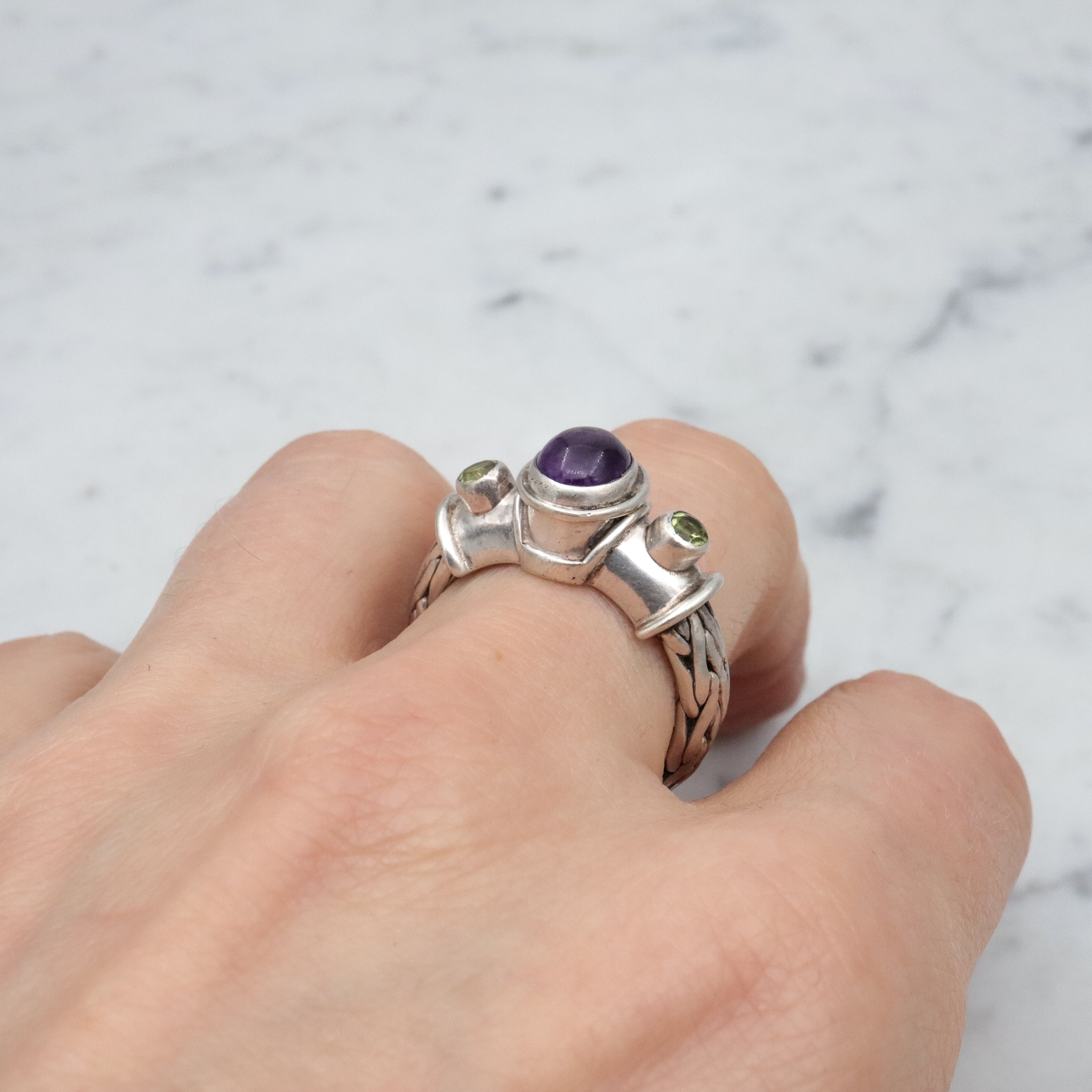 Retro Sajen amethyst & peridot woven band sterling ring, size 8