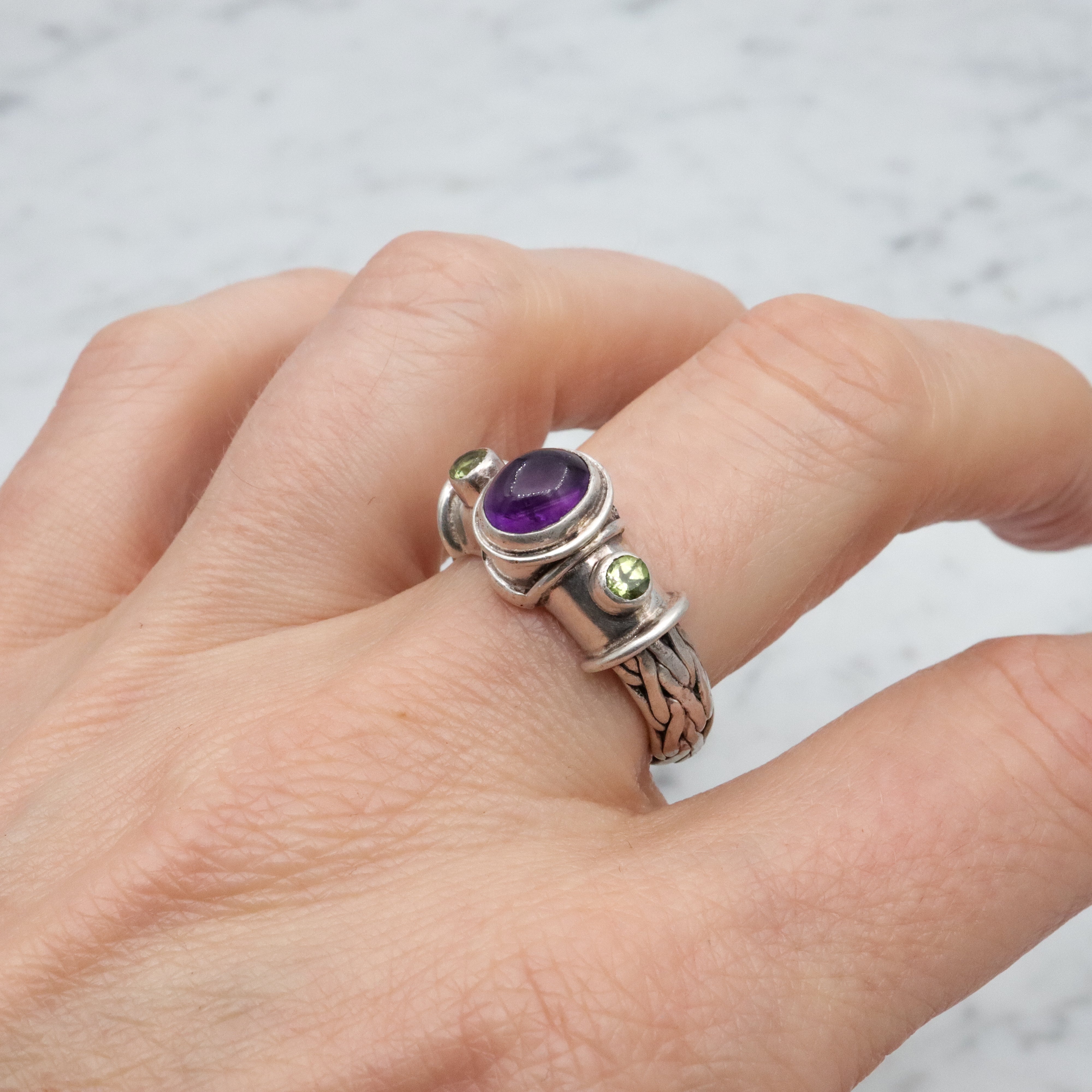 Retro Sajen amethyst & peridot woven band sterling ring, size 8