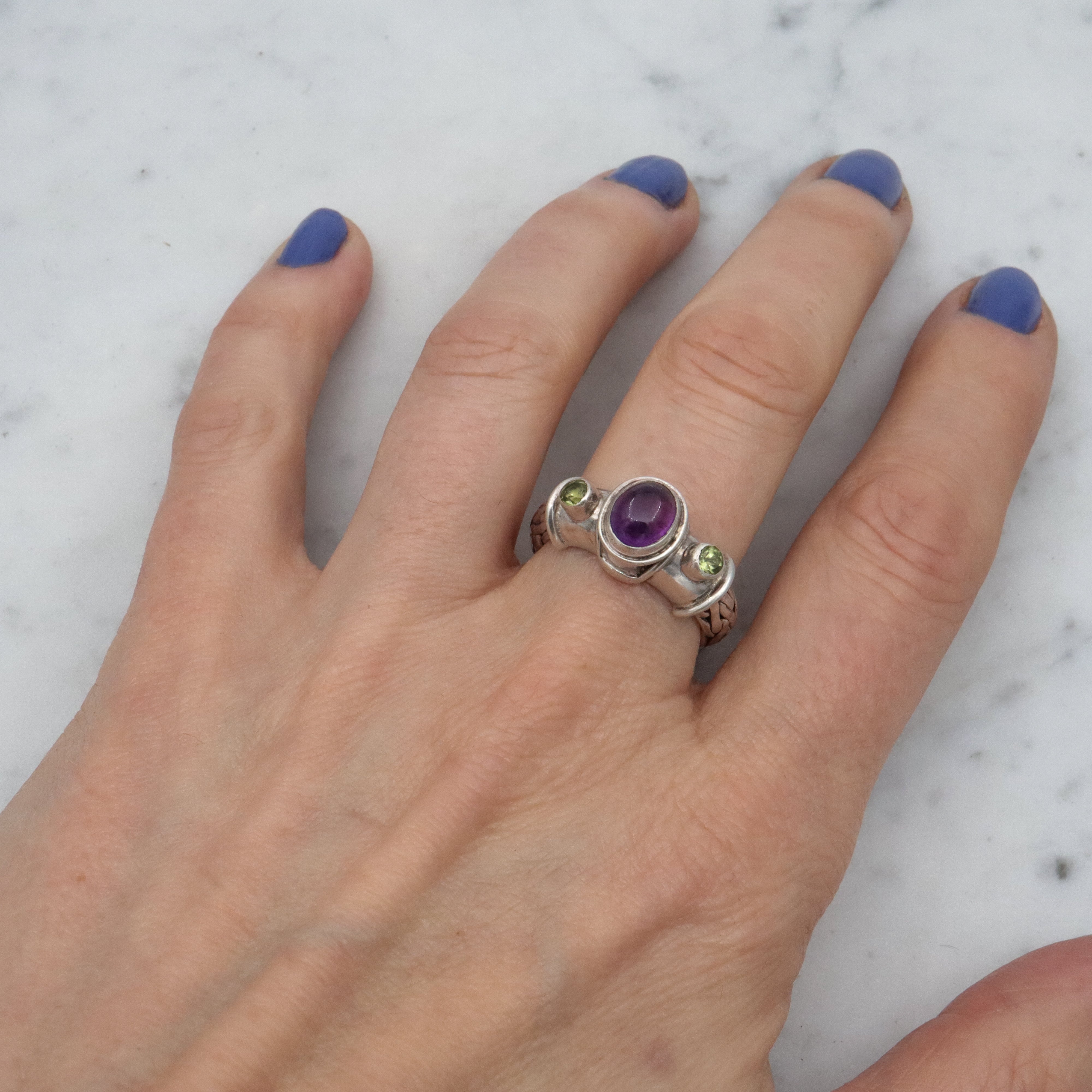 Retro Sajen amethyst & peridot woven band sterling ring, size 8