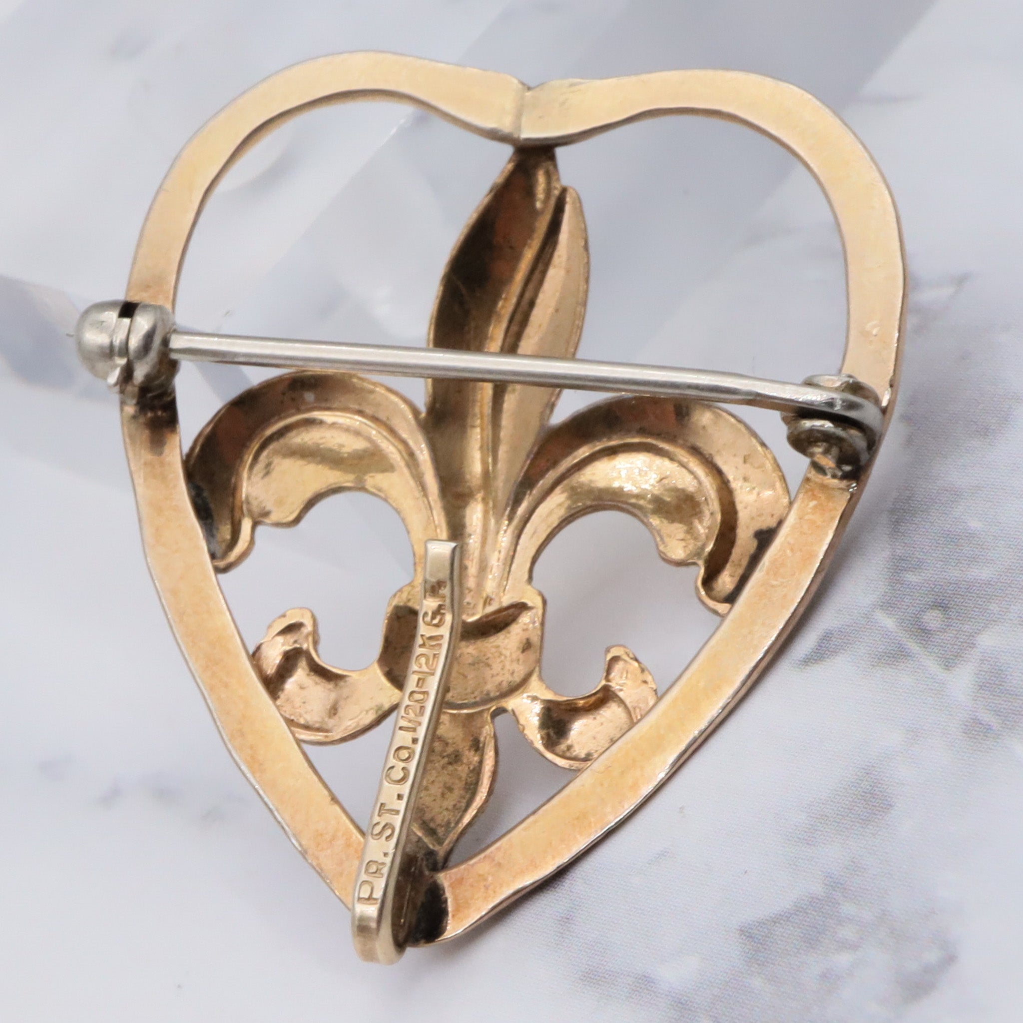 Antique victorian 12k gold-filled fleur de lis in heart frame brooch with clip for pocket watch