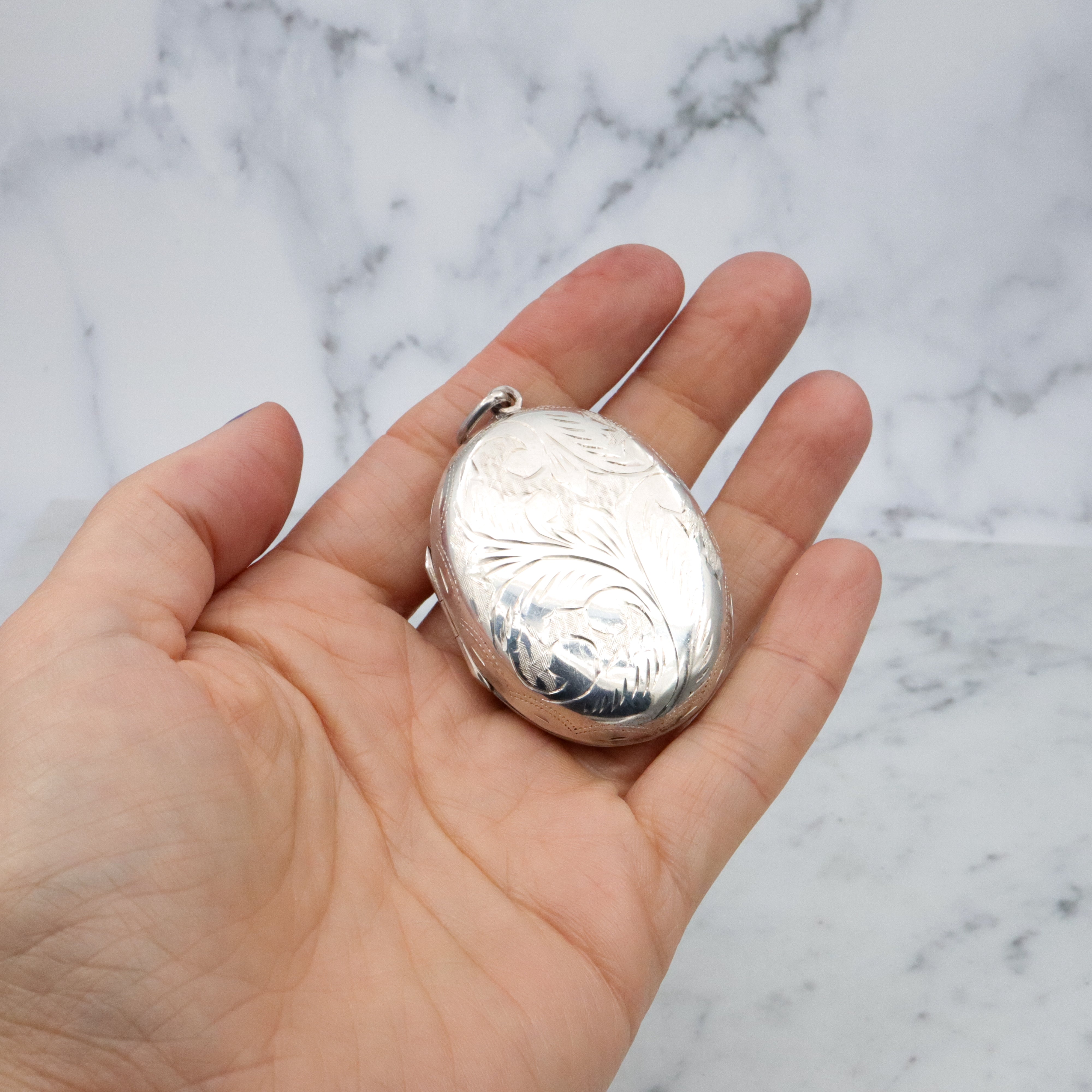 Vintage large floral engraved sterling locket pendant