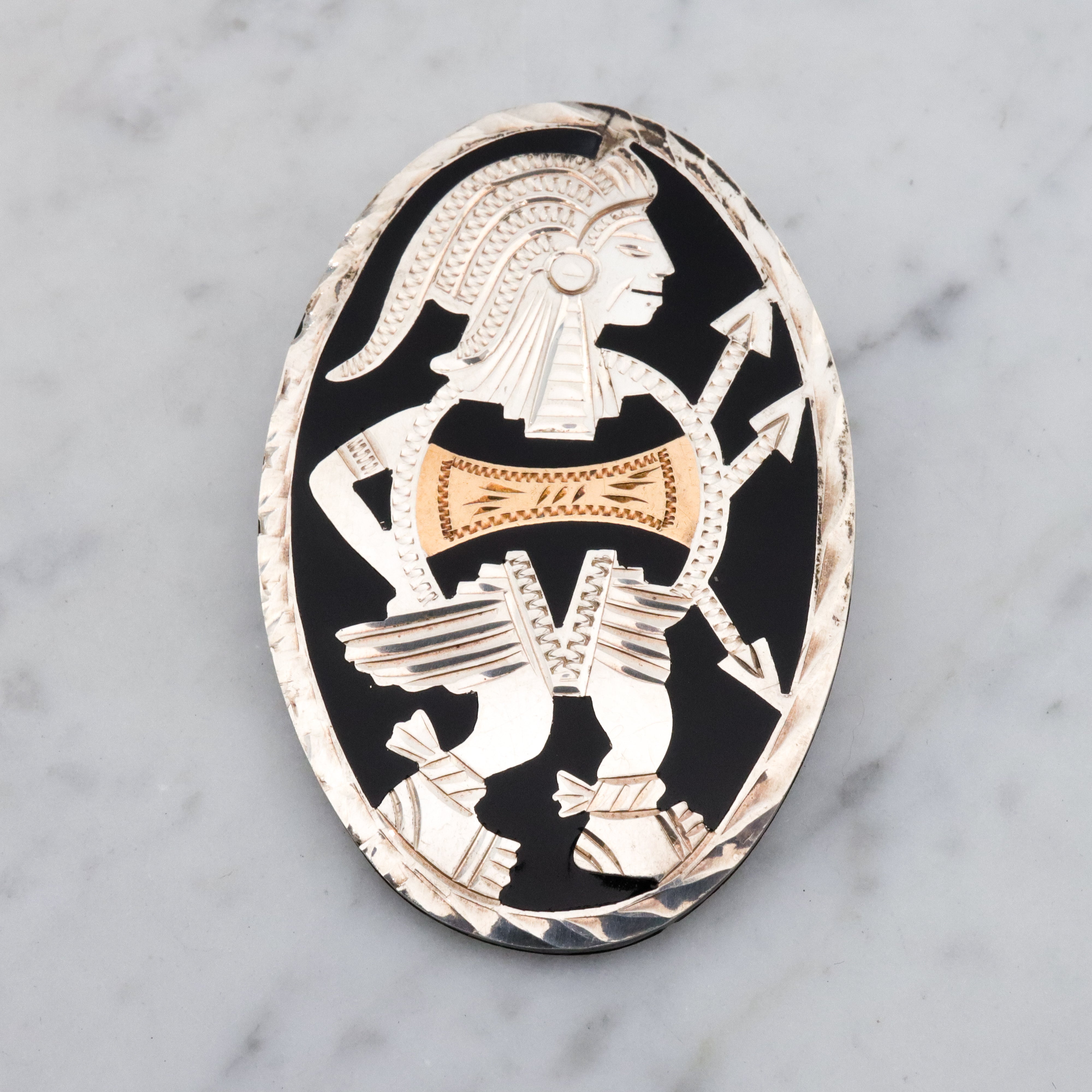 Vintage Mexican sterling & brass inlaid Aztec warrior brooch/pendant