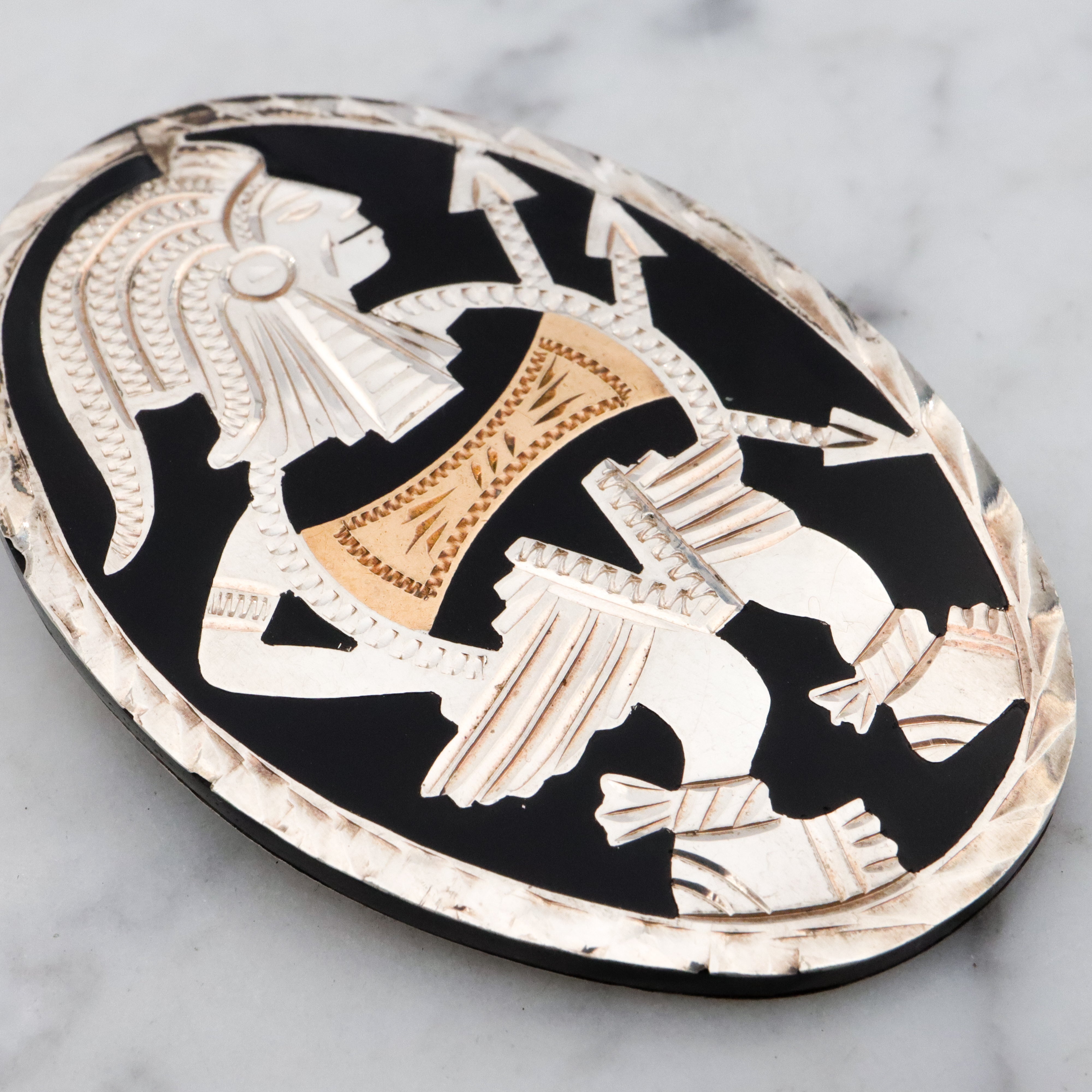 Vintage Mexican sterling & brass inlaid Aztec warrior brooch/pendant