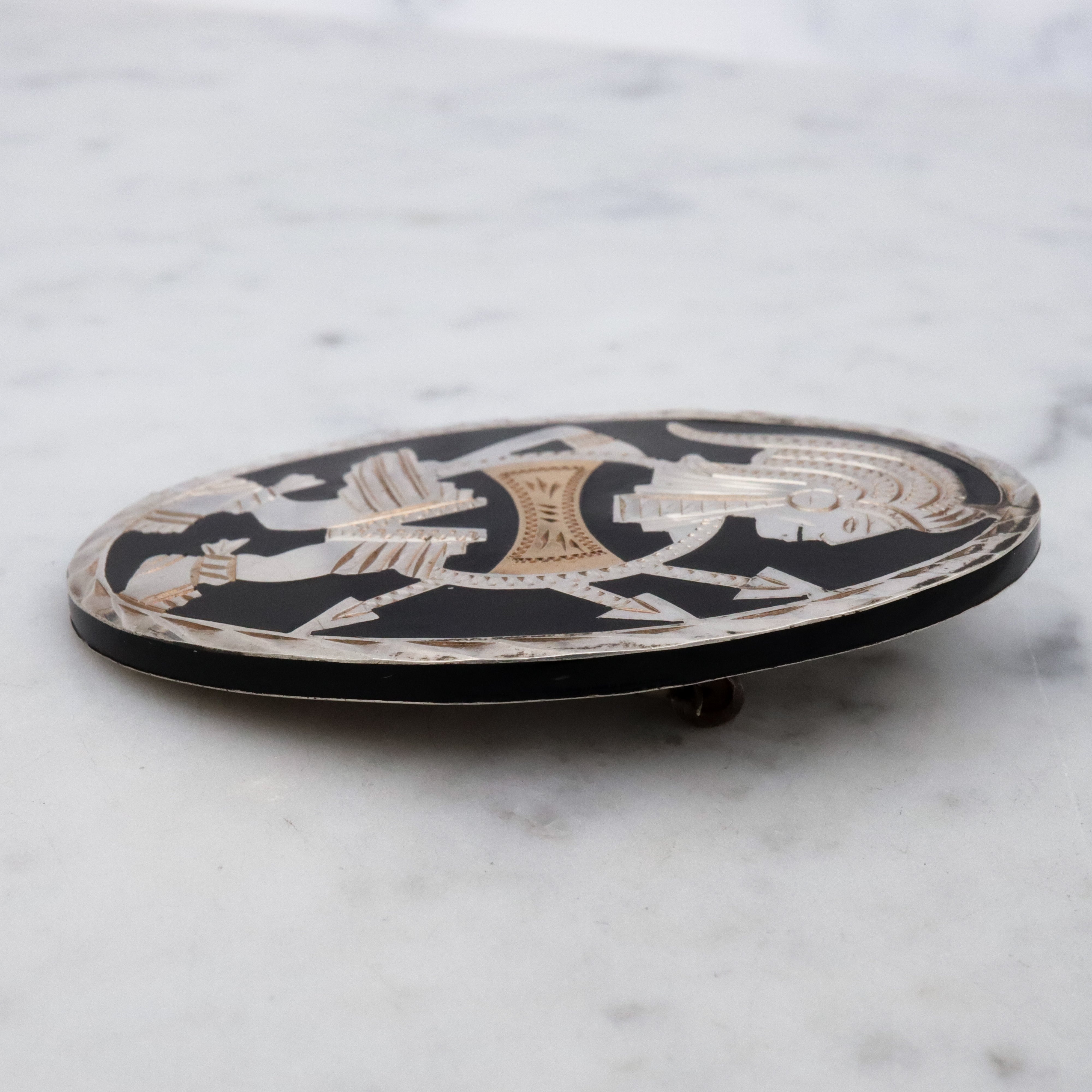 Vintage Mexican sterling & brass inlaid Aztec warrior brooch/pendant