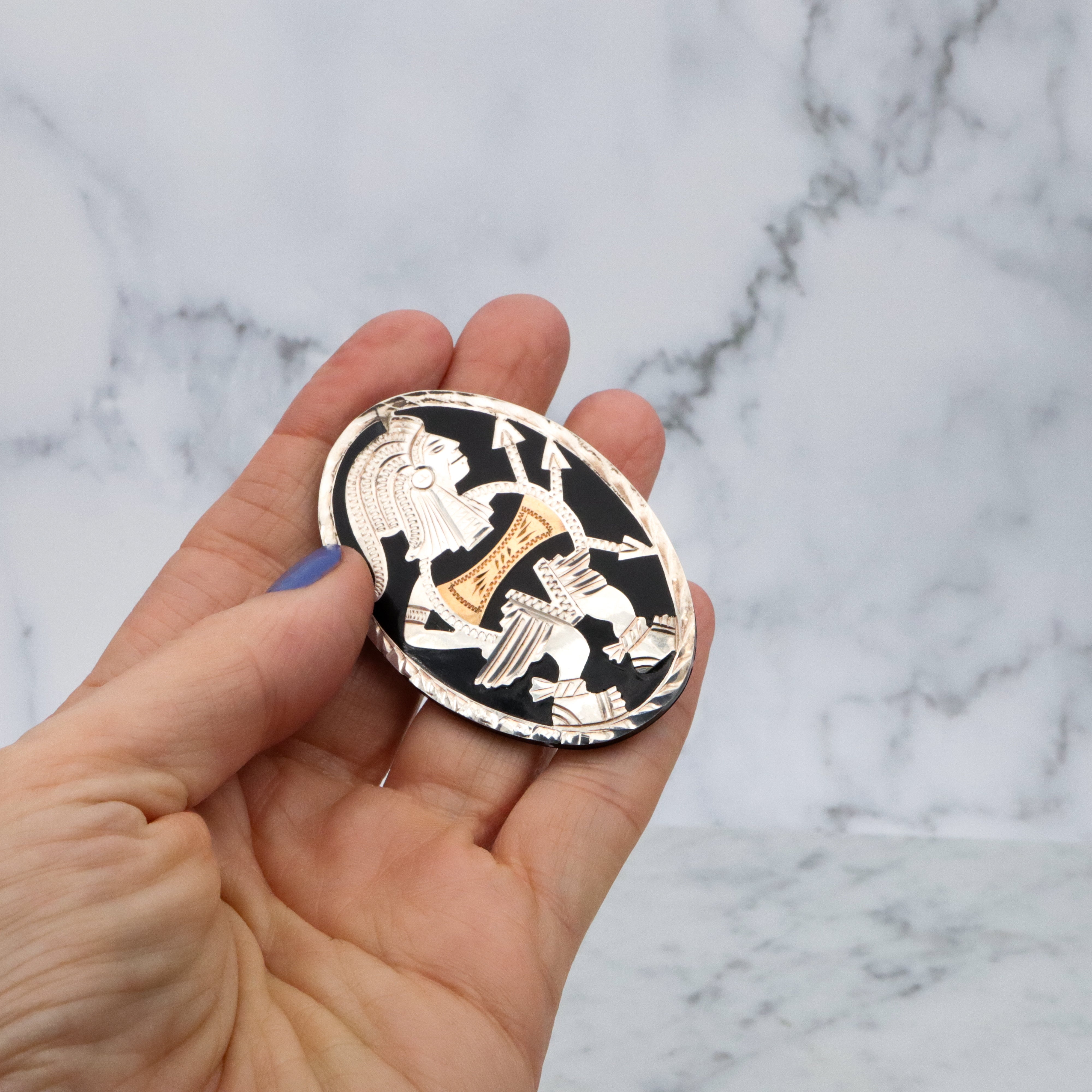 Vintage Mexican sterling & brass inlaid Aztec warrior brooch/pendant