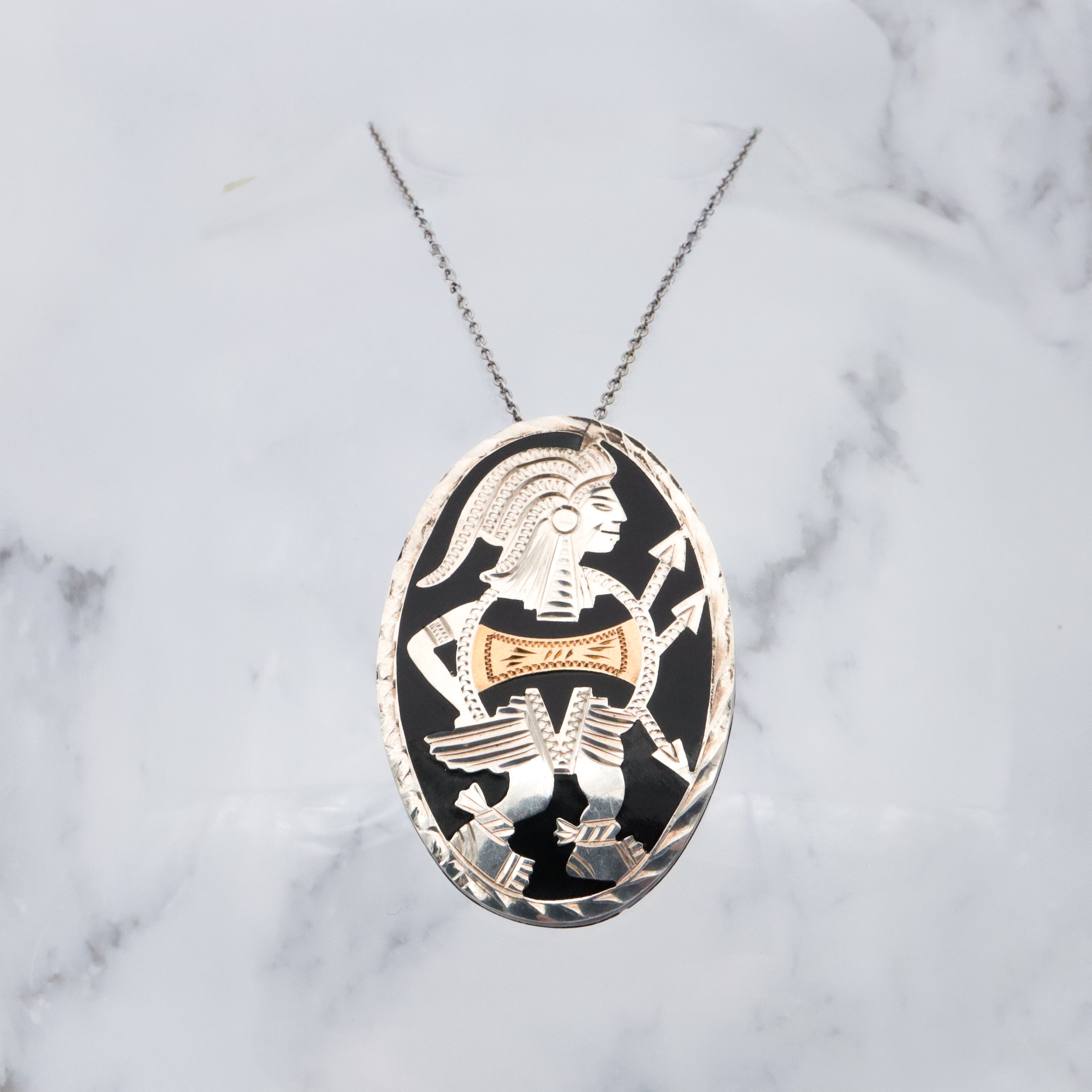 Vintage Mexican sterling & brass inlaid Aztec warrior brooch/pendant