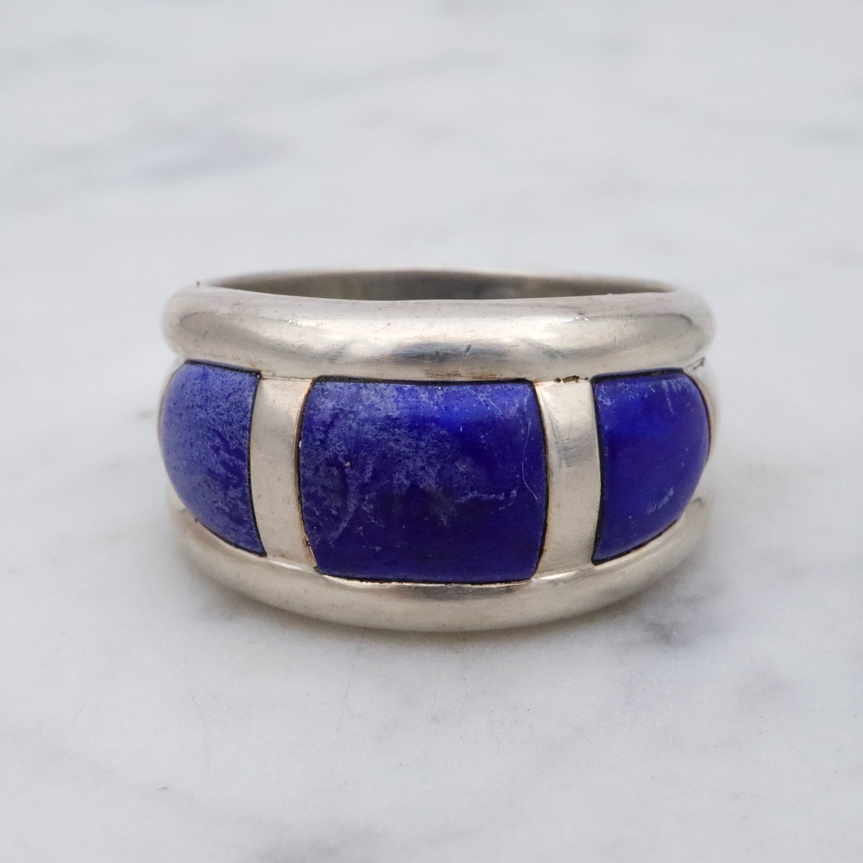 Vintage chunky lapis inlay sterling Thai ring, size 10