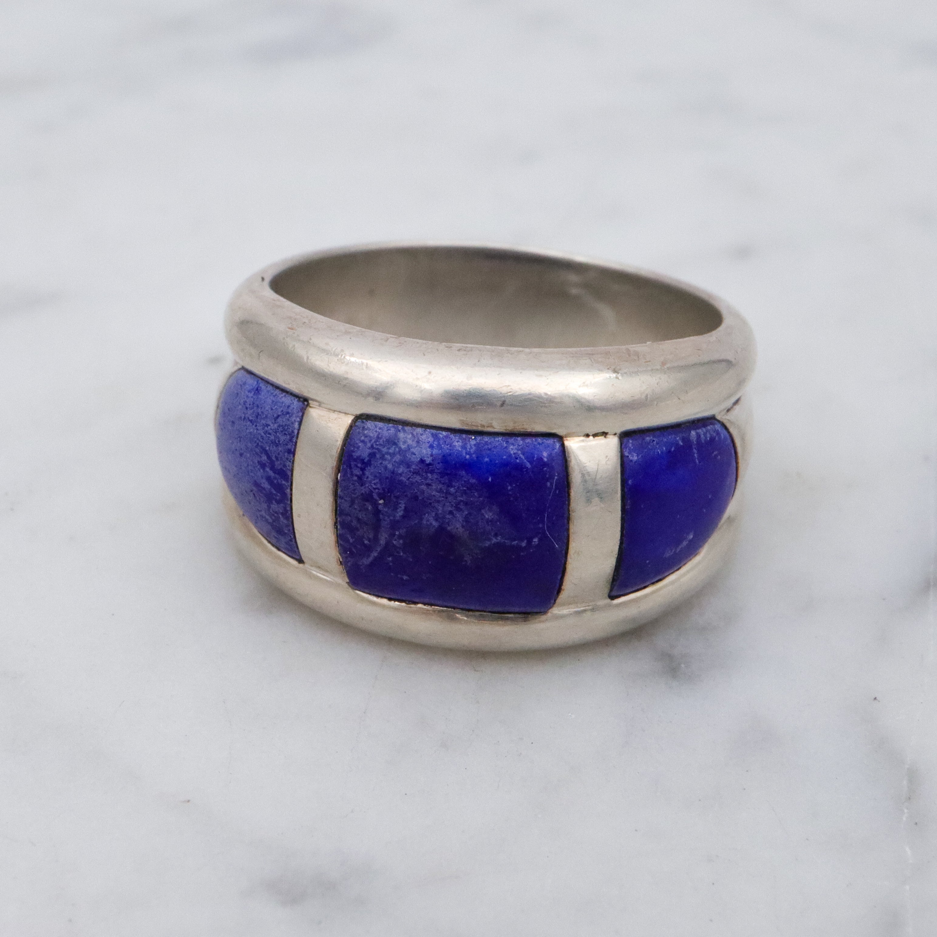 Vintage chunky lapis inlay sterling Thai ring, size 10