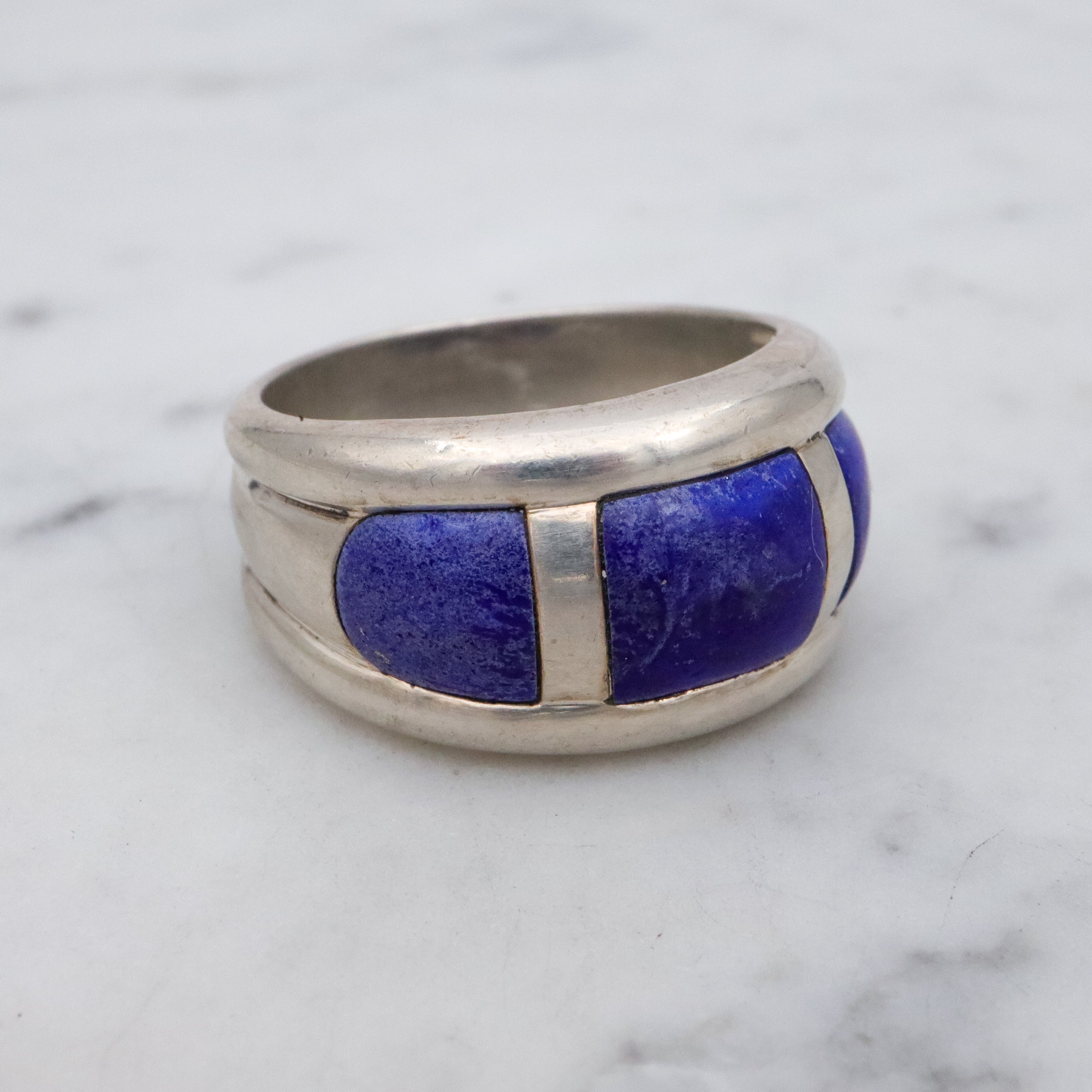 Vintage chunky lapis inlay sterling Thai ring, size 10
