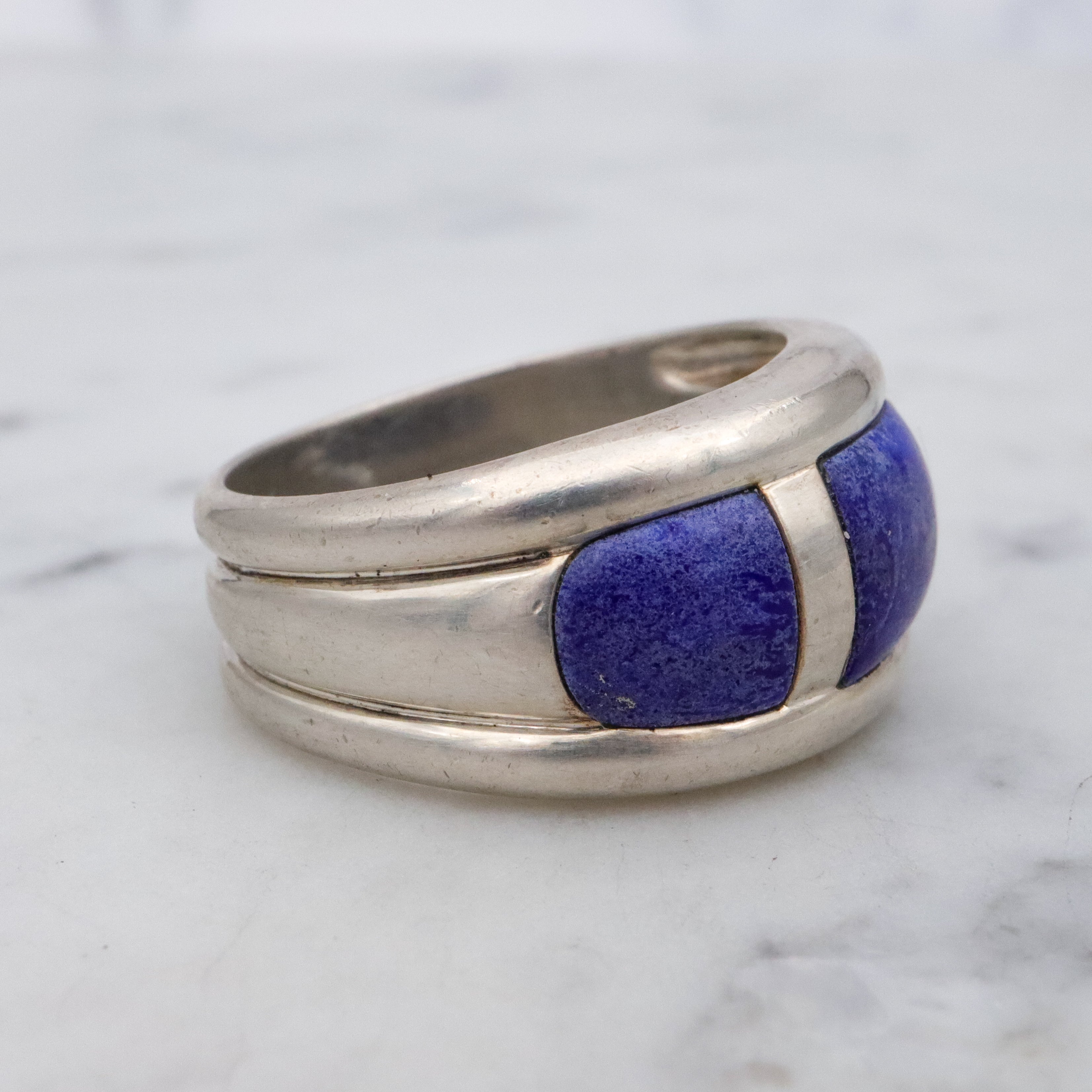 Vintage chunky lapis inlay sterling Thai ring, size 10