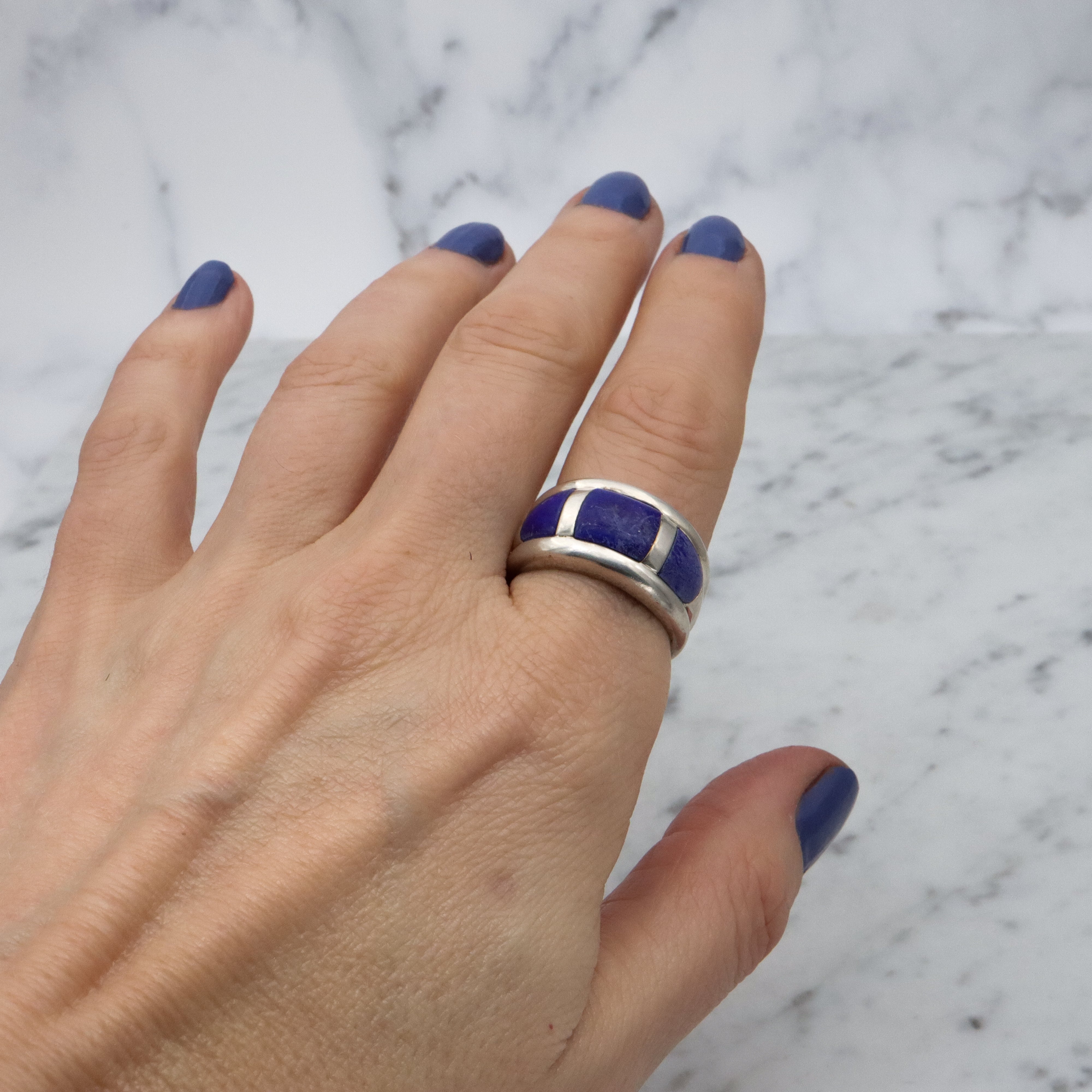 Vintage chunky lapis inlay sterling Thai ring, size 10