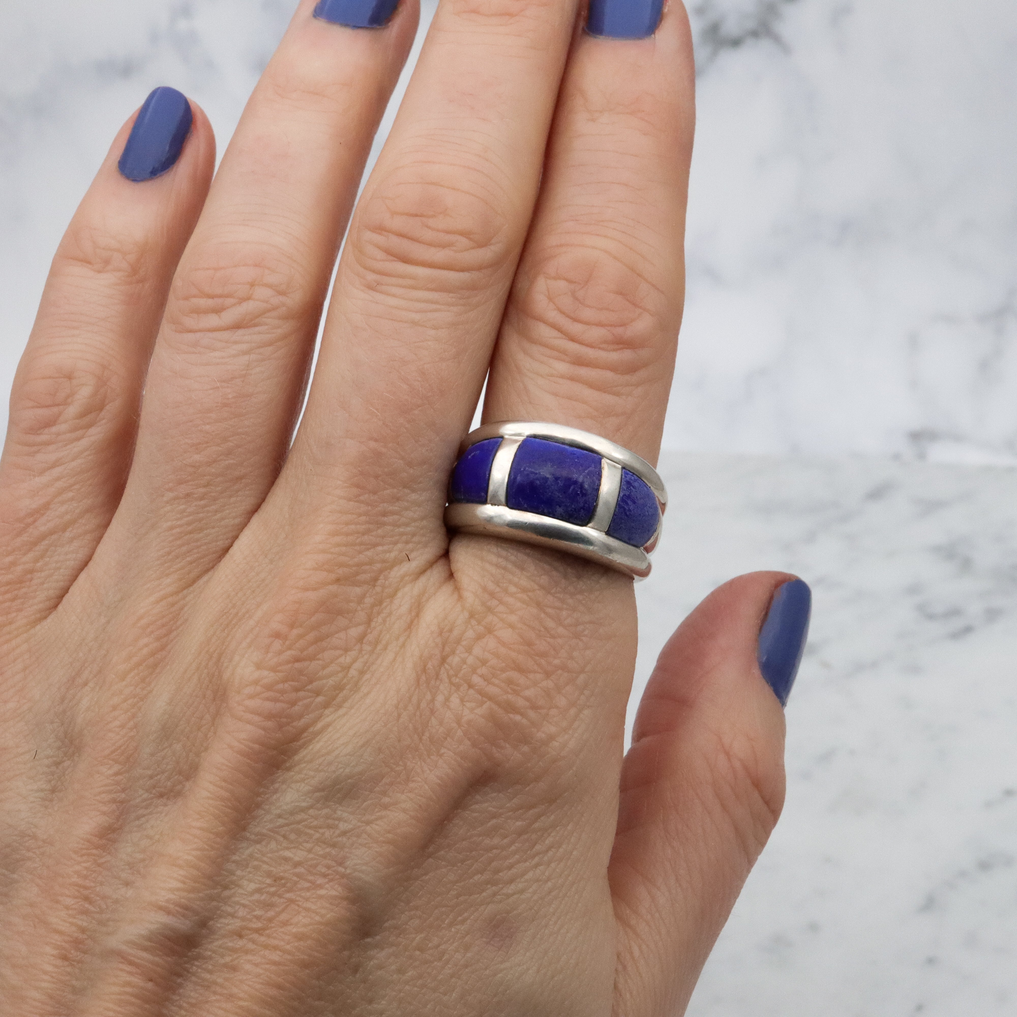 Vintage chunky lapis inlay sterling Thai ring, size 10
