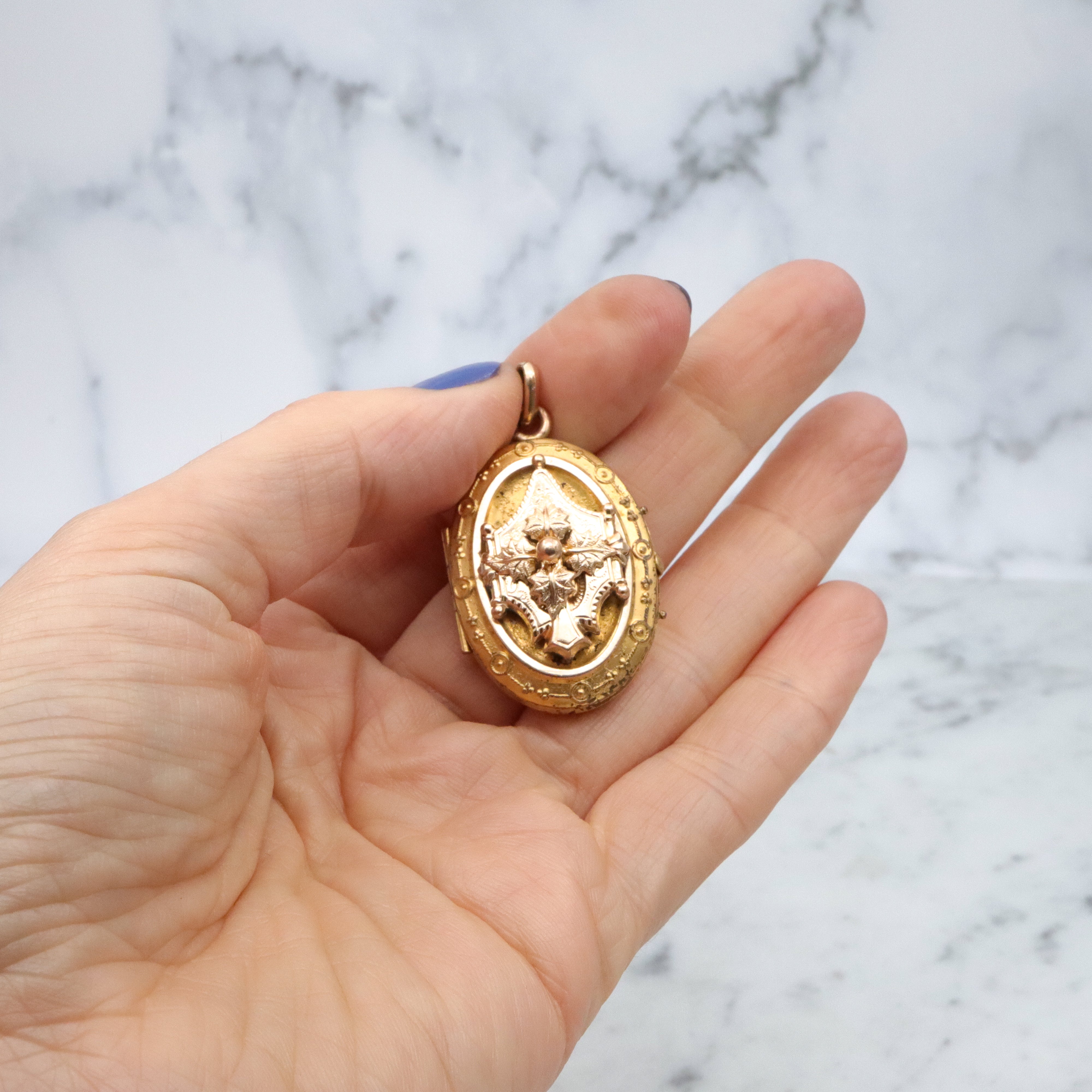Antique Victorian gold filled & gilt metal Etruscan Revival locket pendant