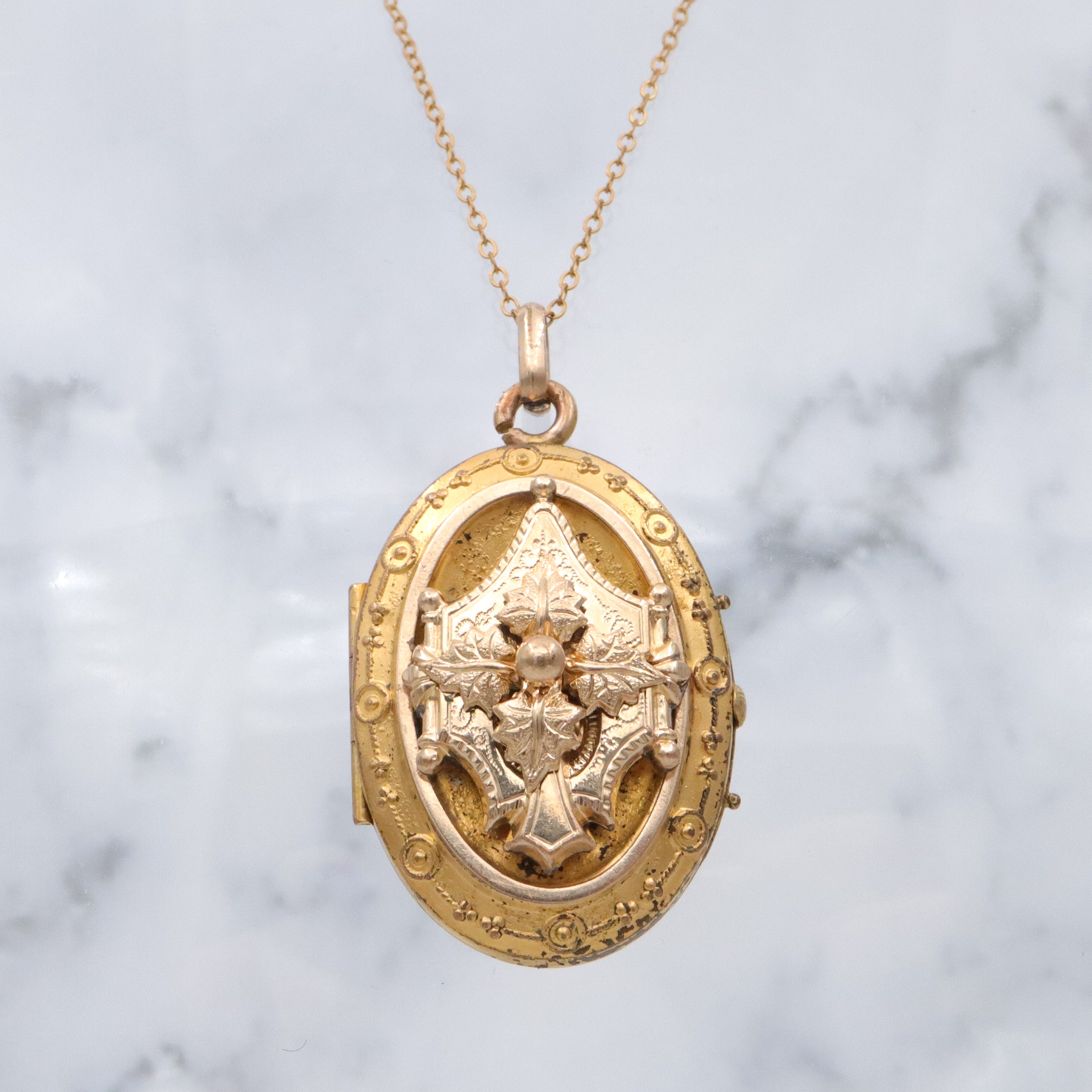 Antique Victorian gold filled & gilt metal Etruscan Revival locket pendant