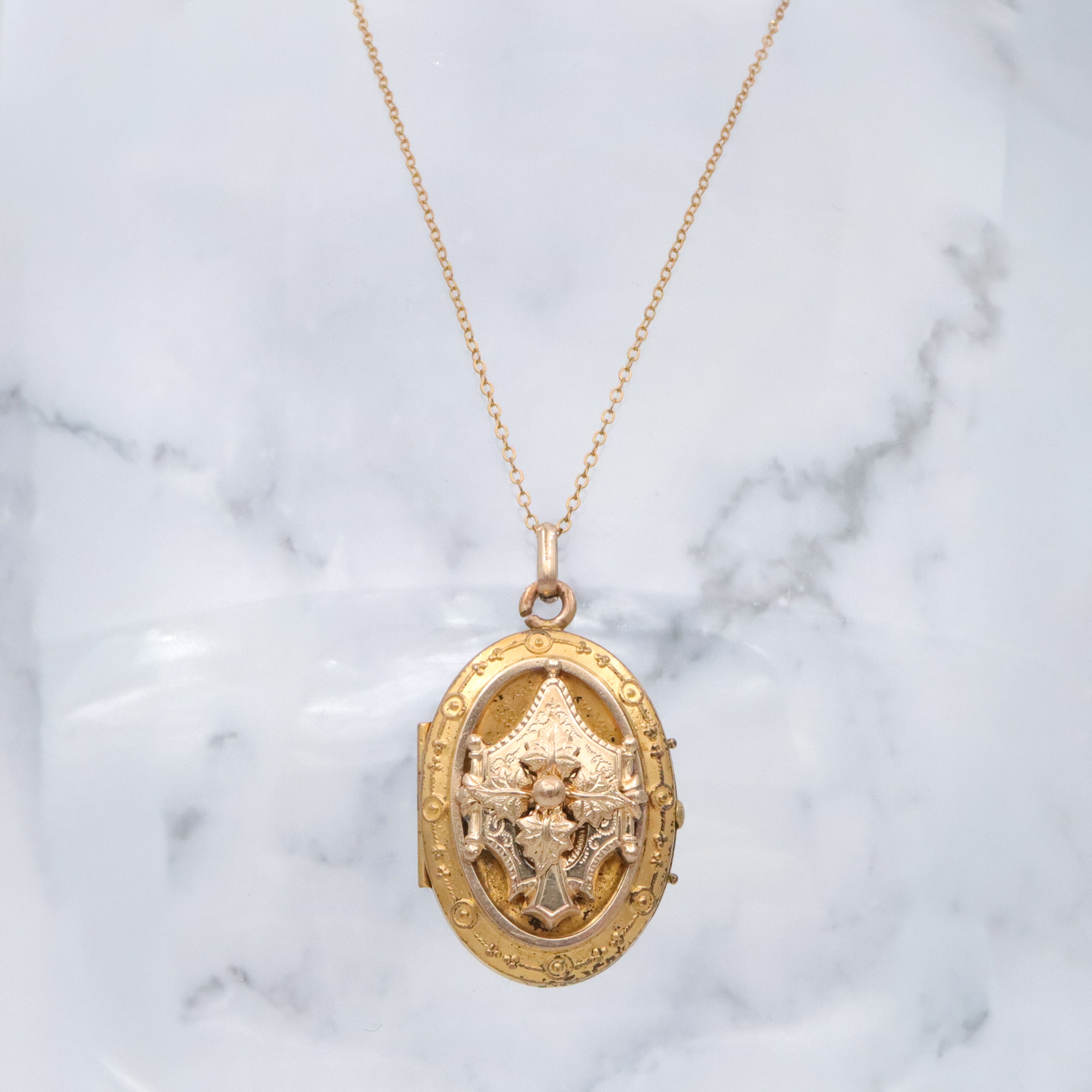 Antique Victorian gold filled & gilt metal Etruscan Revival locket pendant