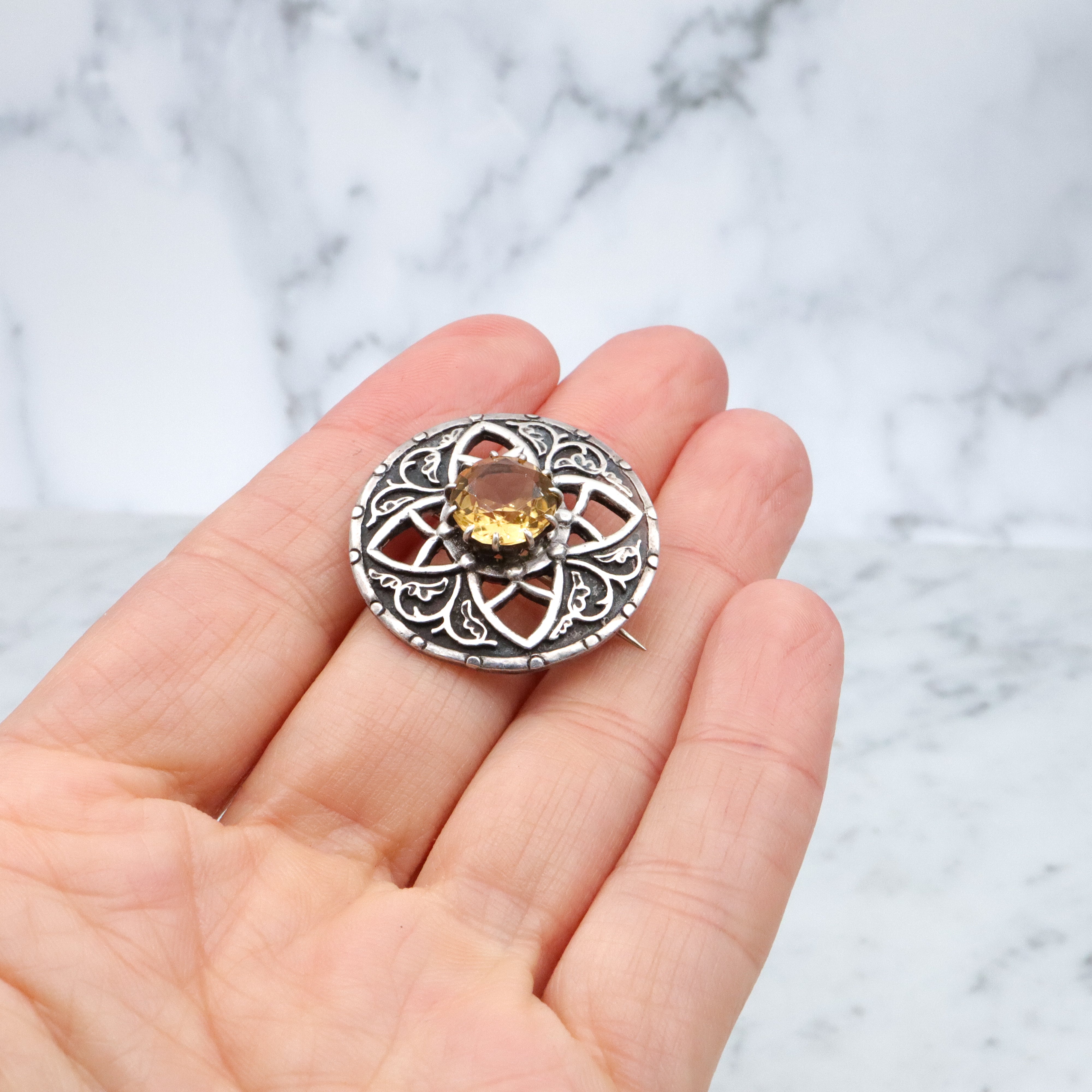 1961 John Hart, Iona sterling & citrine celtic brooch