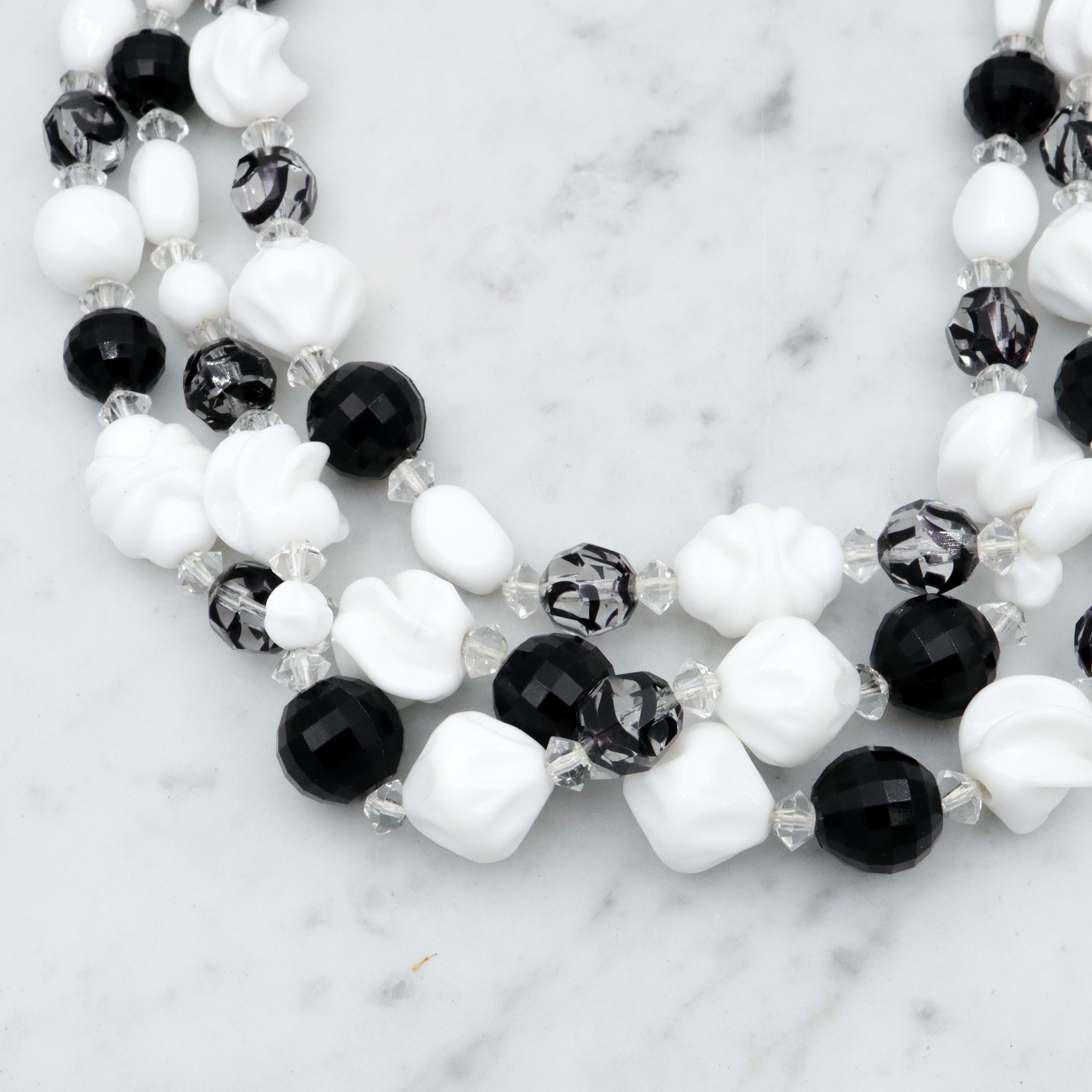 Retro Hattie Carnegie black, clear, & white milk glass beaded 3-strand necklace, 16.5"