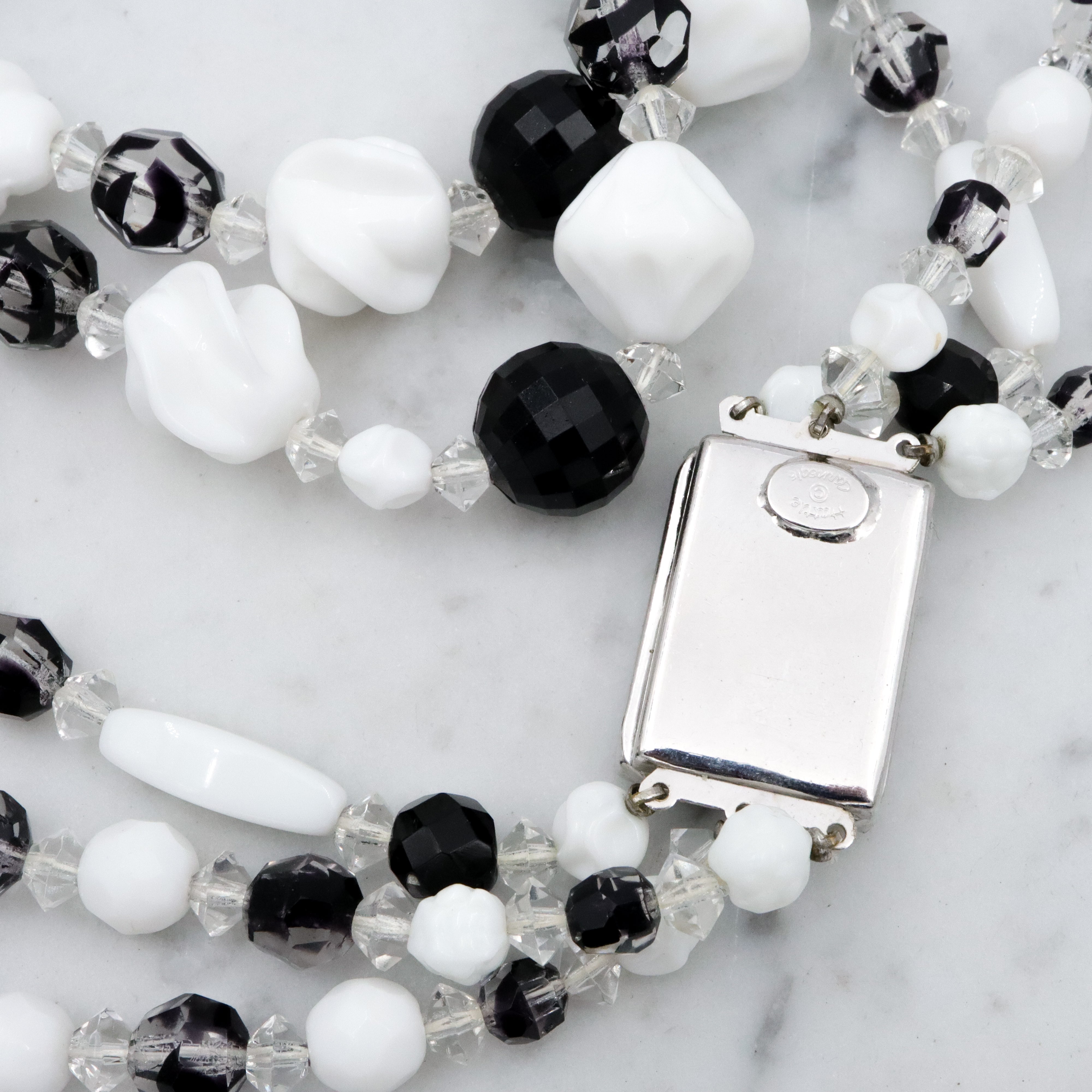 Retro Hattie Carnegie black, clear, & white milk glass beaded 3-strand necklace, 16.5"