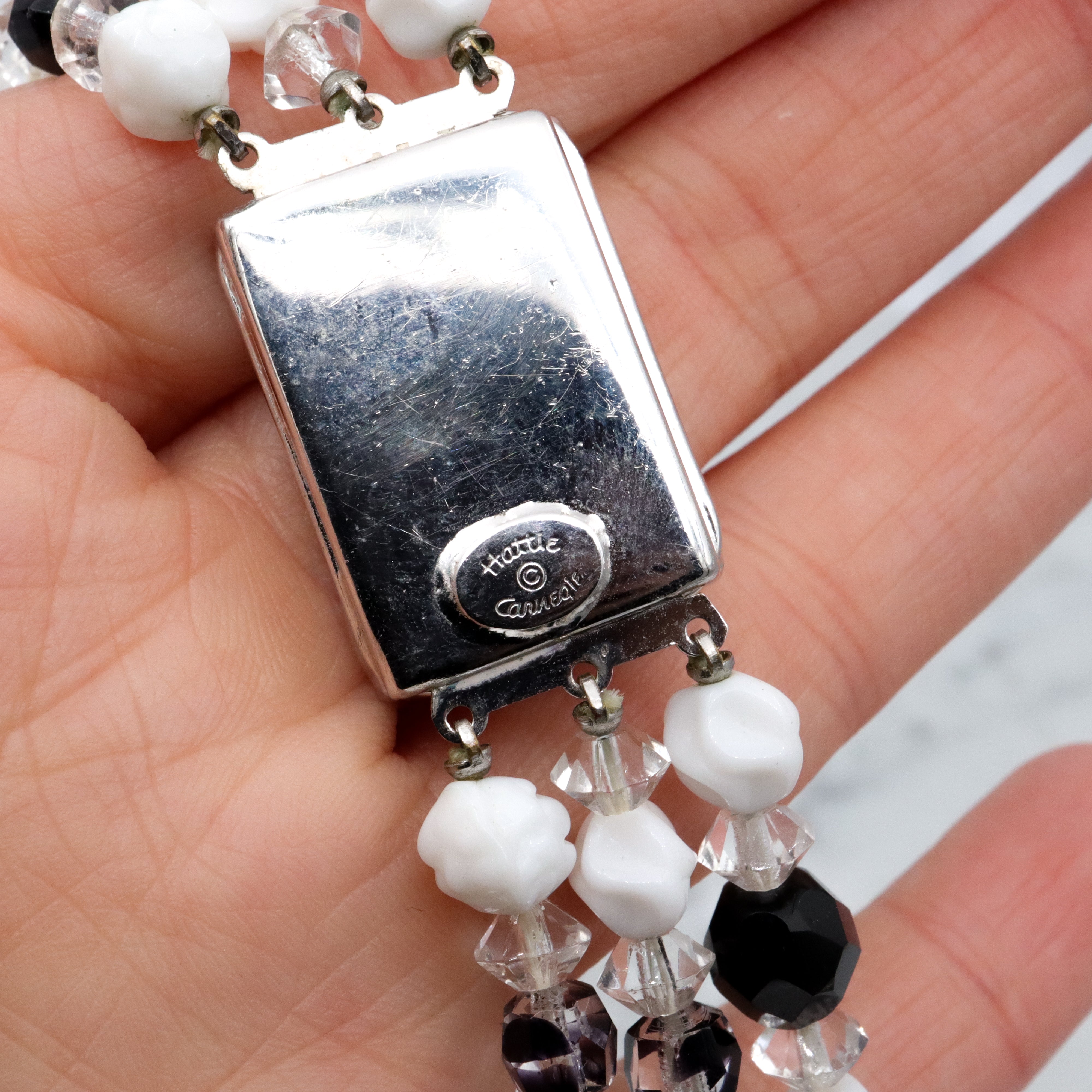 Retro Hattie Carnegie black, clear, & white milk glass beaded 3-strand necklace, 16.5"