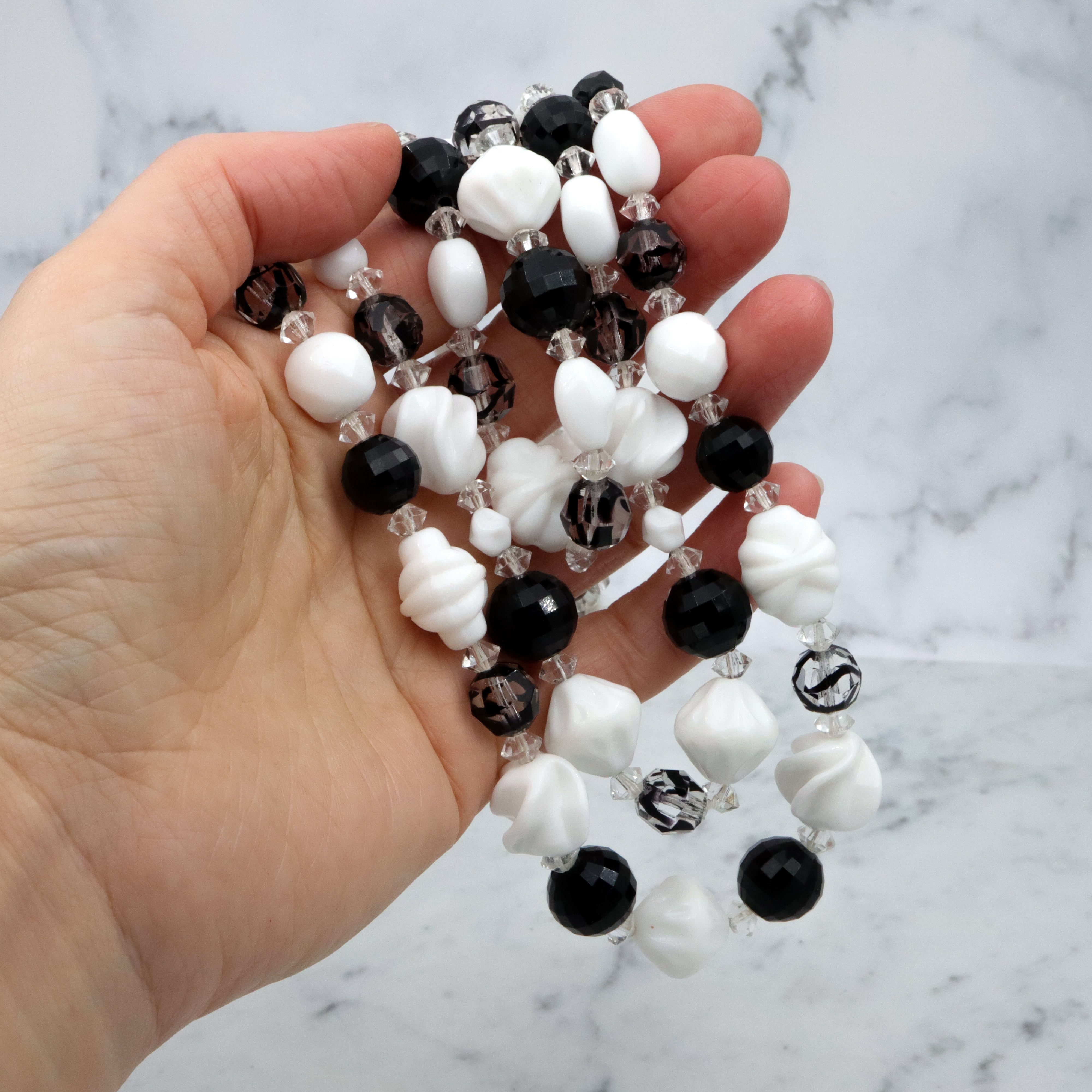 Retro Hattie Carnegie black, clear, & white milk glass beaded 3-strand necklace, 16.5"