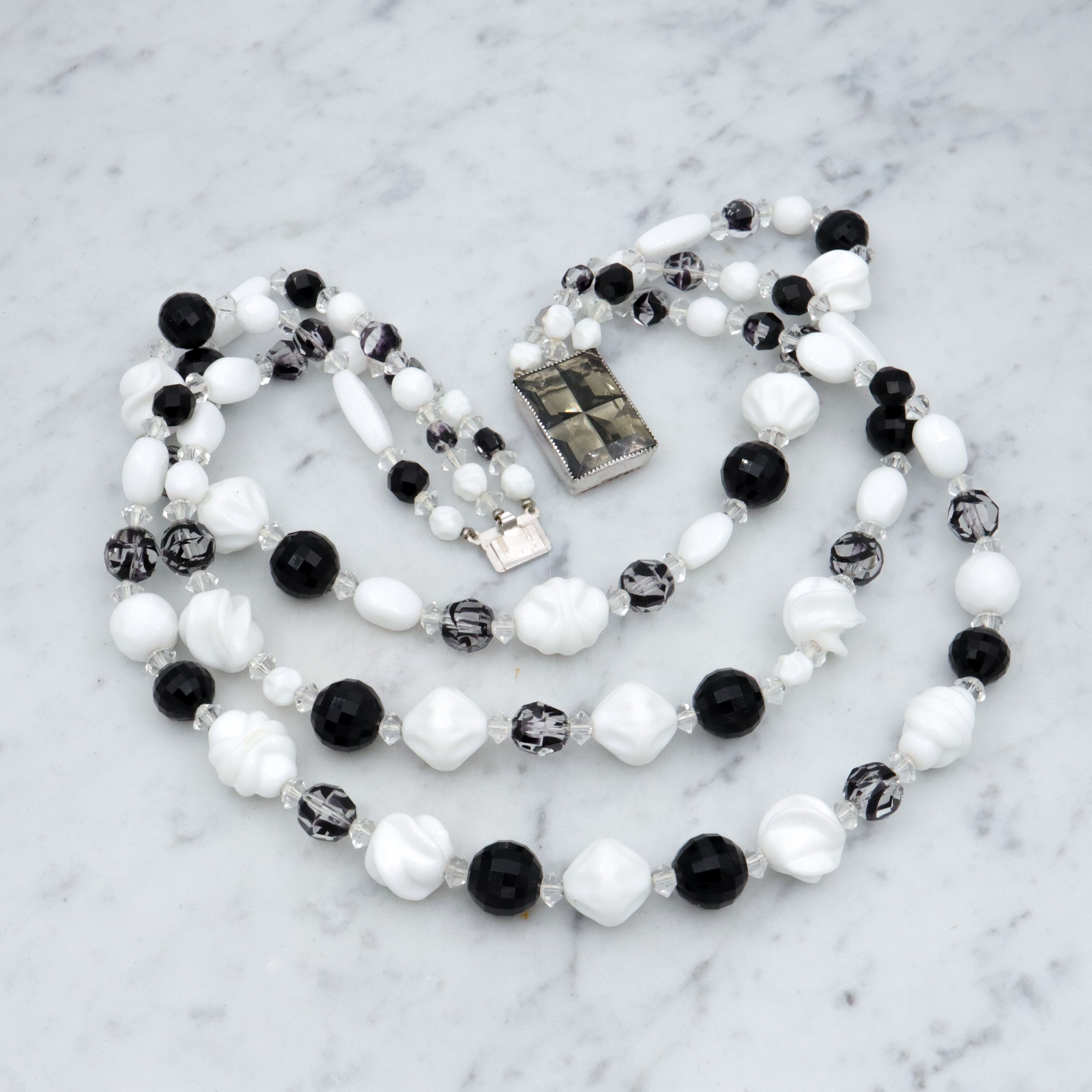 Retro Hattie Carnegie black, clear, & white milk glass beaded 3-strand necklace, 16.5"
