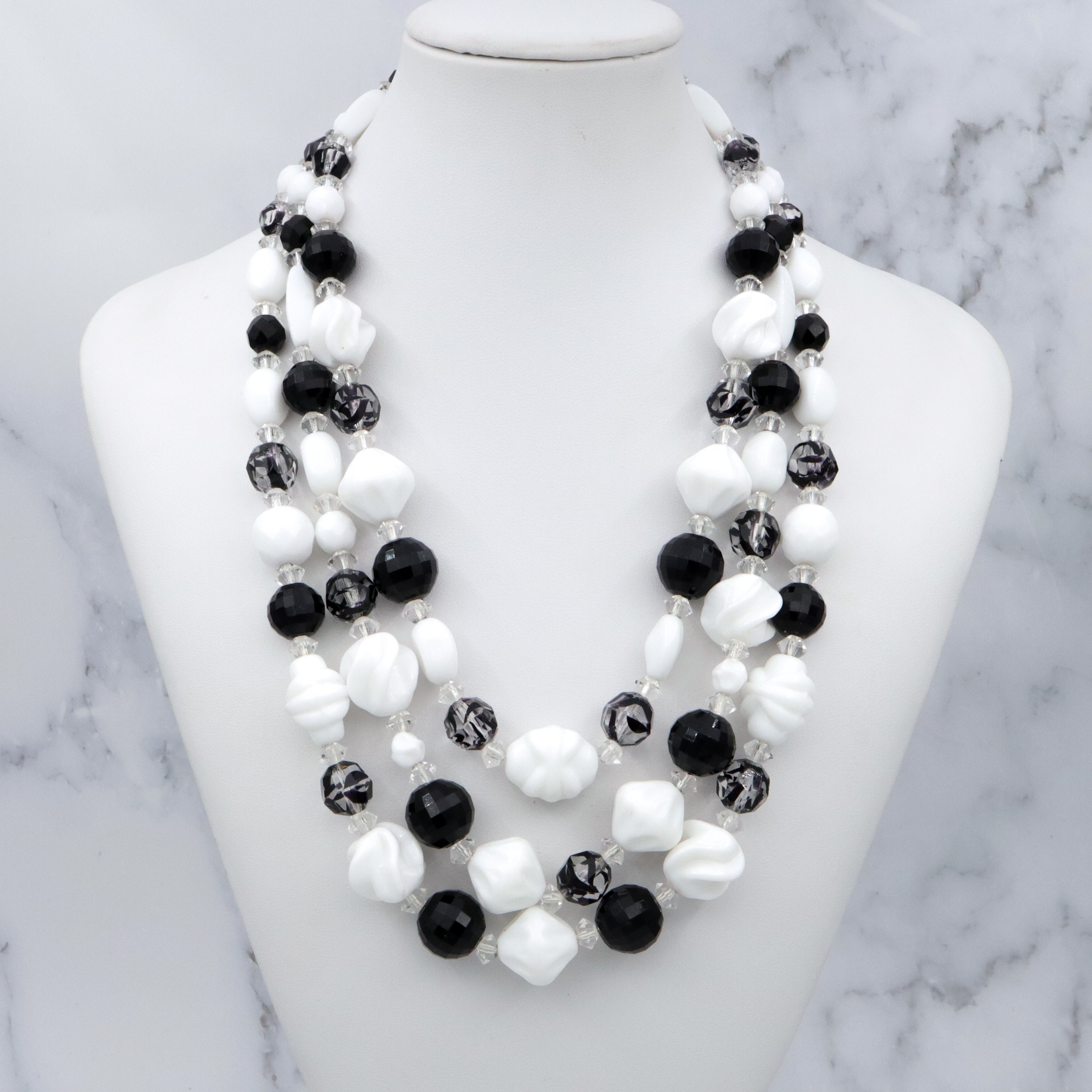 Retro Hattie Carnegie black, clear, & white milk glass beaded 3-strand necklace, 16.5"