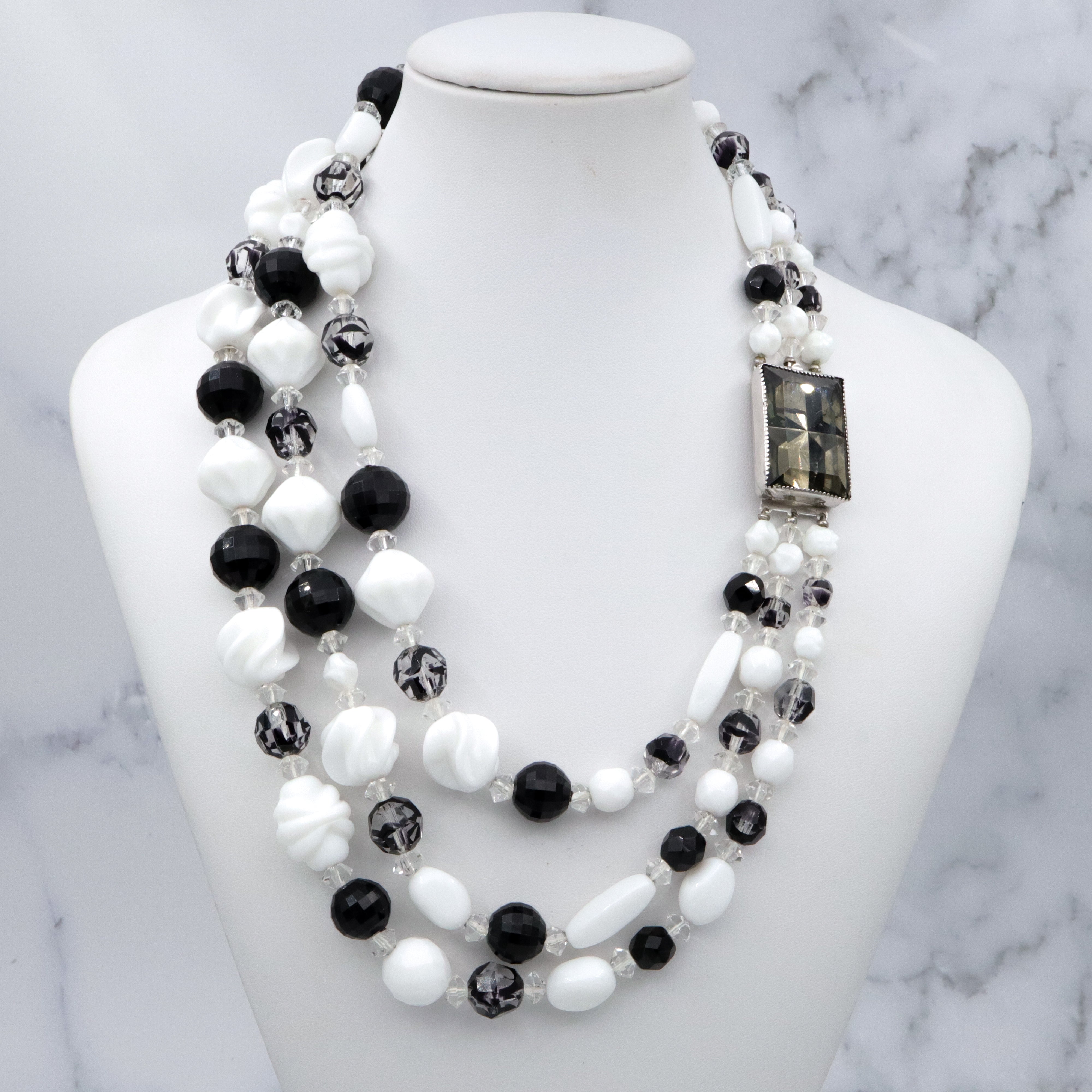 Retro Hattie Carnegie black, clear, & white milk glass beaded 3-strand necklace, 16.5"