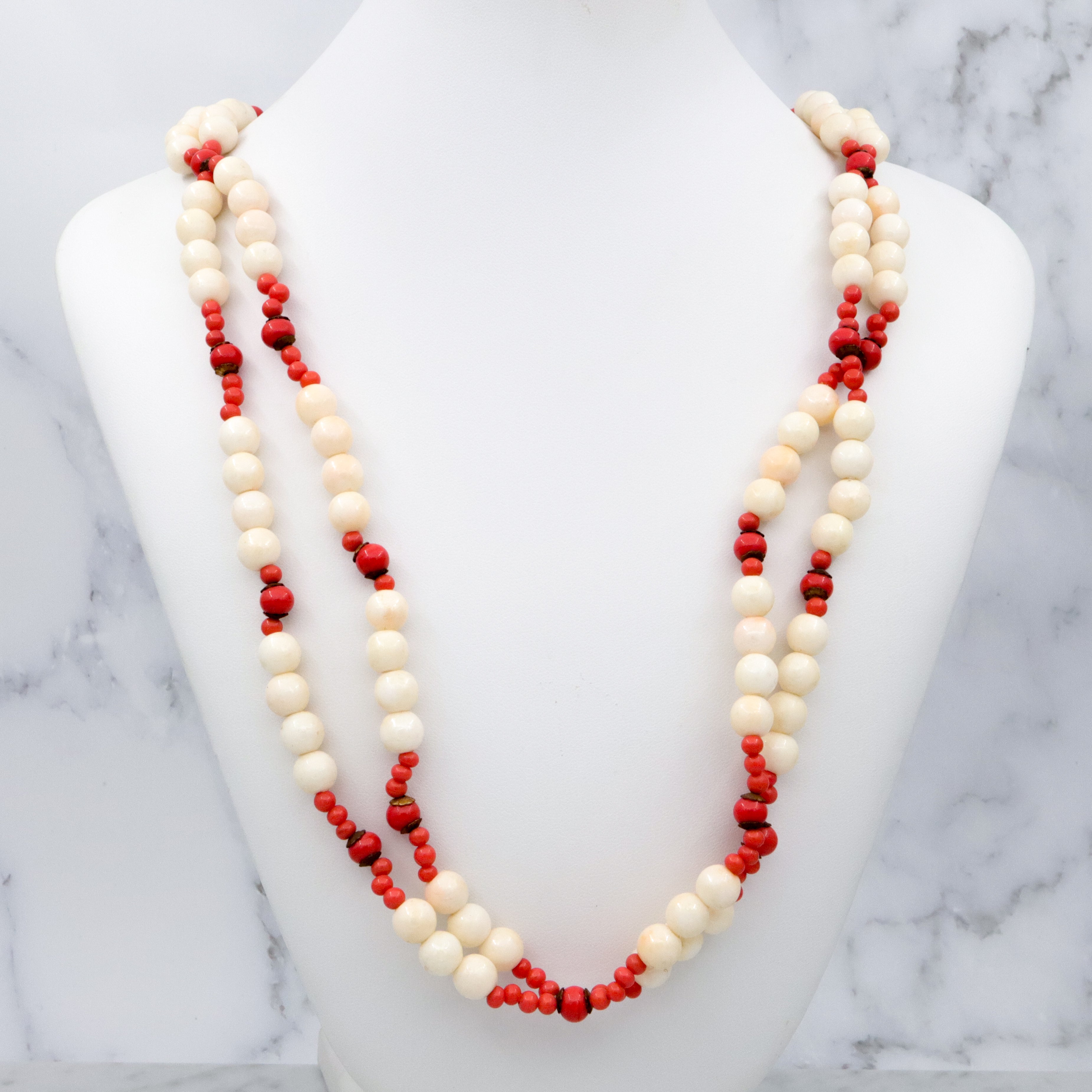 70s Miriam Haskell faux coral & pearl double strand necklace with slide clasp, 26"