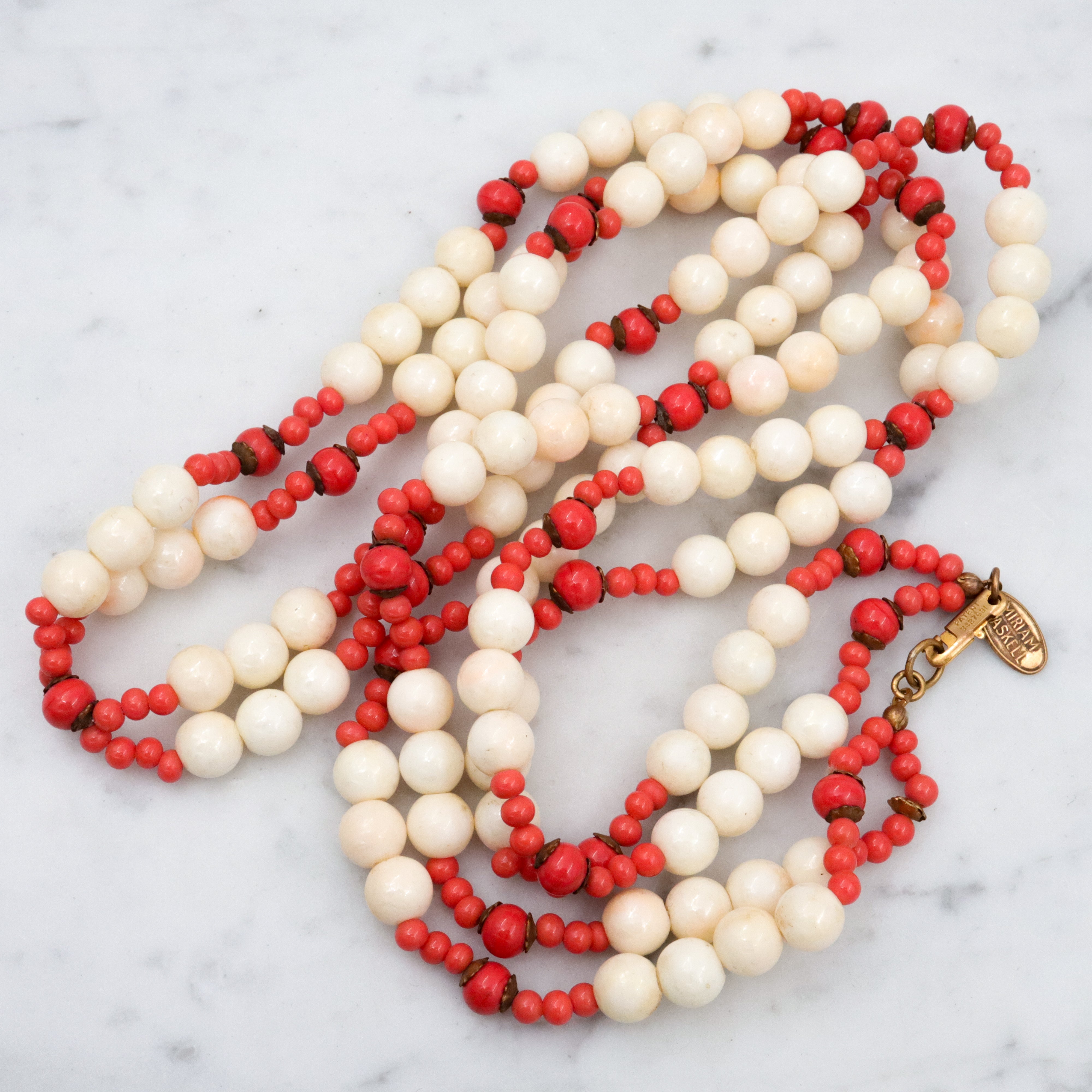 70s Miriam Haskell faux coral & pearl double strand necklace with slide clasp, 26"
