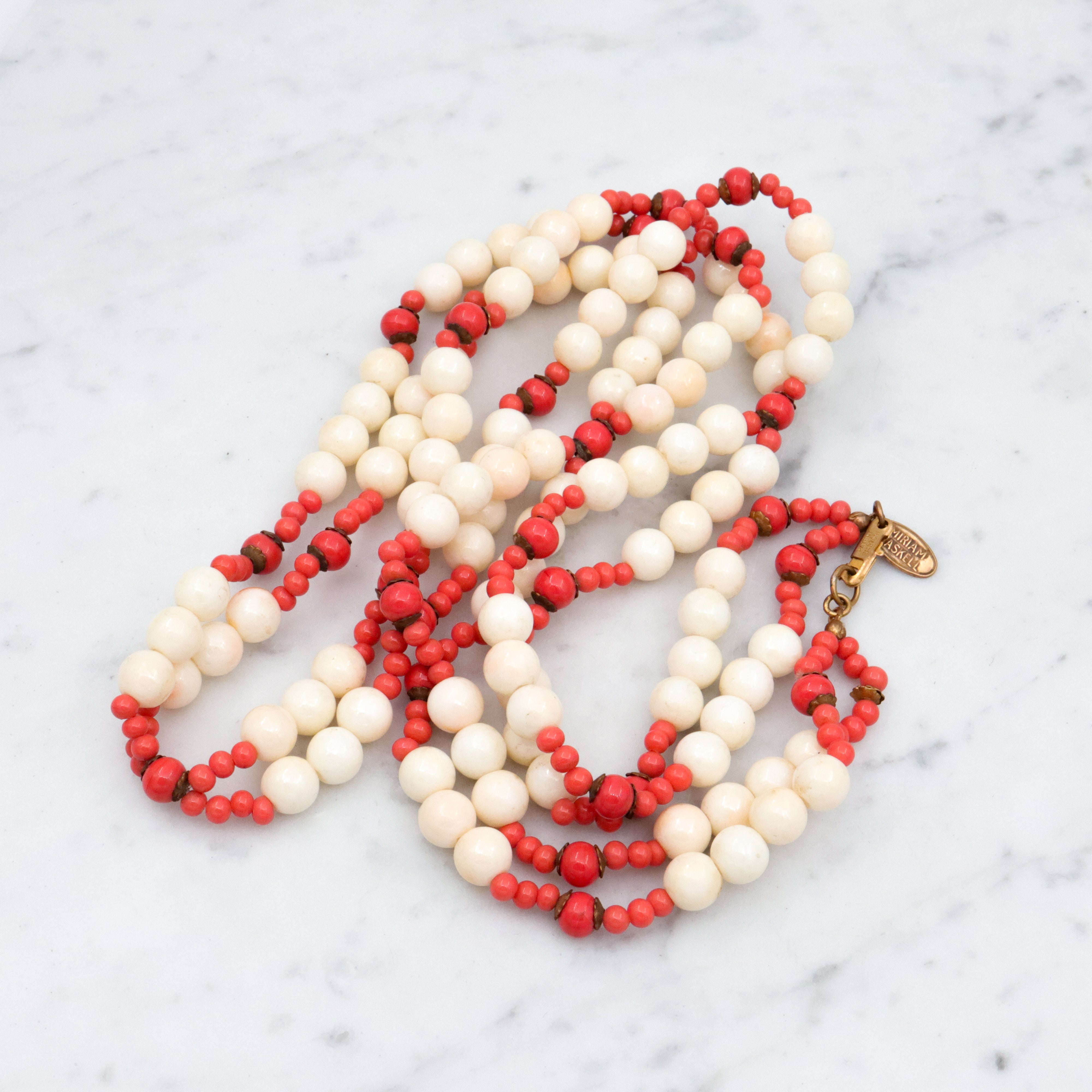 70s Miriam Haskell faux coral & pearl double strand necklace with slide clasp, 26"