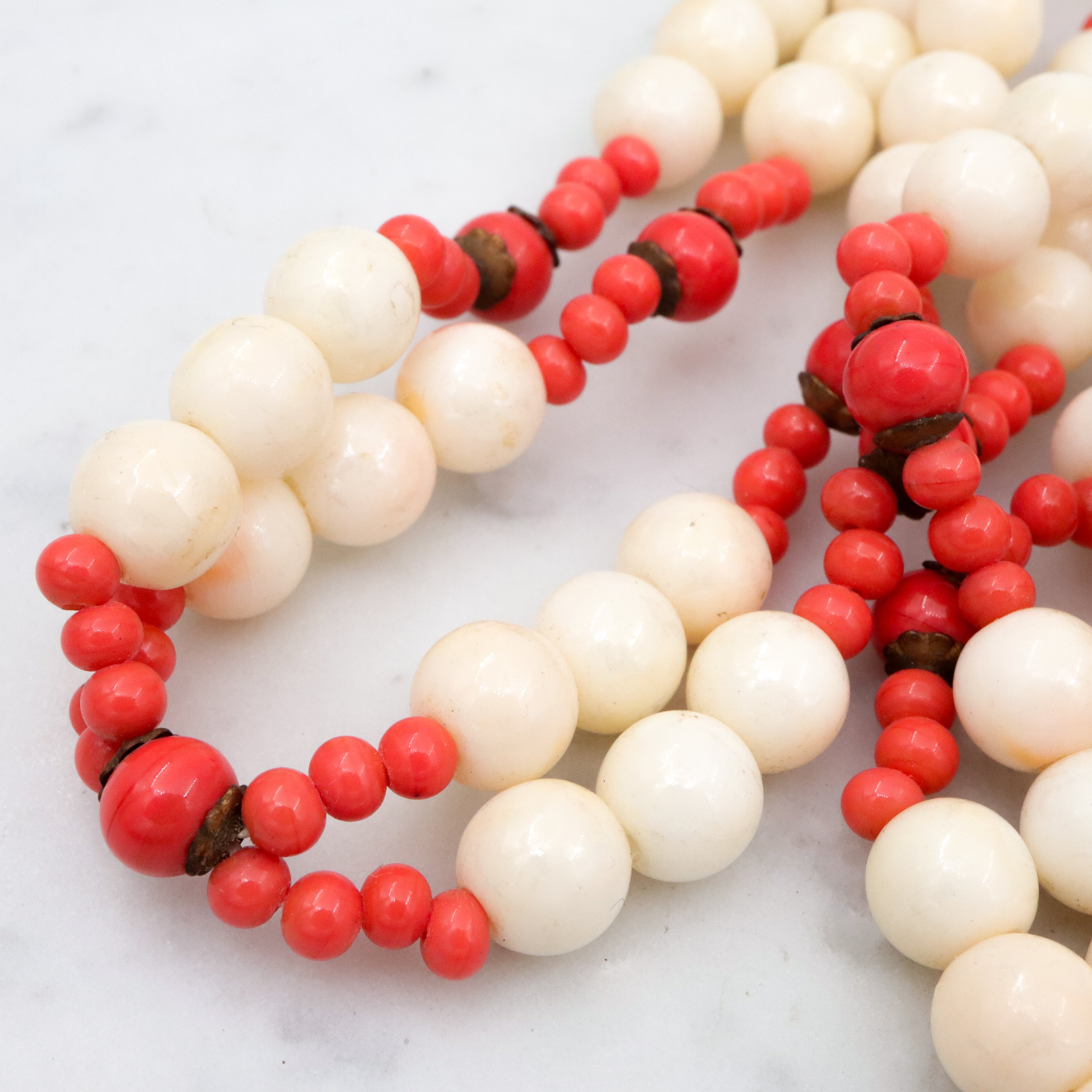 70s Miriam Haskell faux coral & pearl double strand necklace with slide clasp, 26"