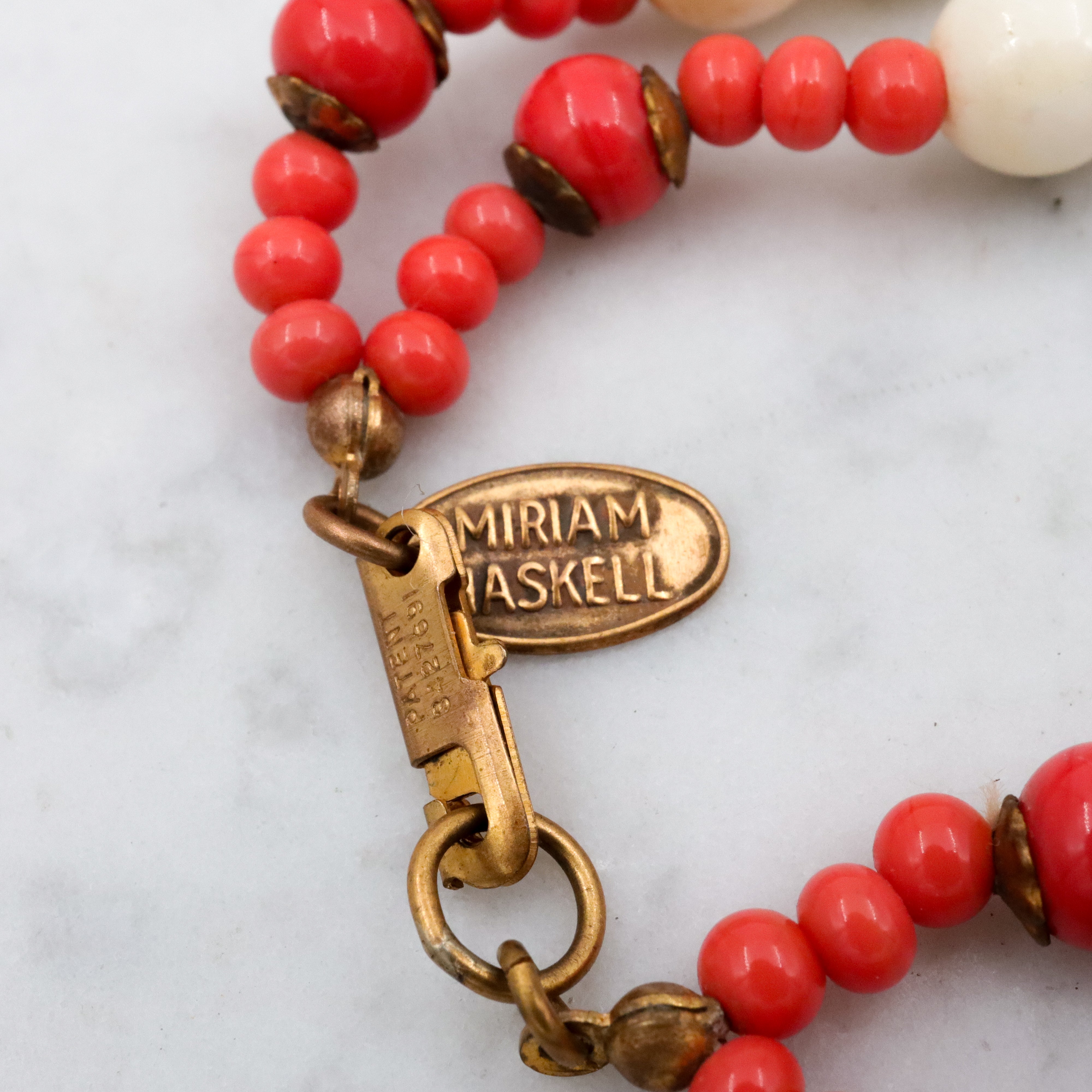 70s Miriam Haskell faux coral & pearl double strand necklace with slide clasp, 26"