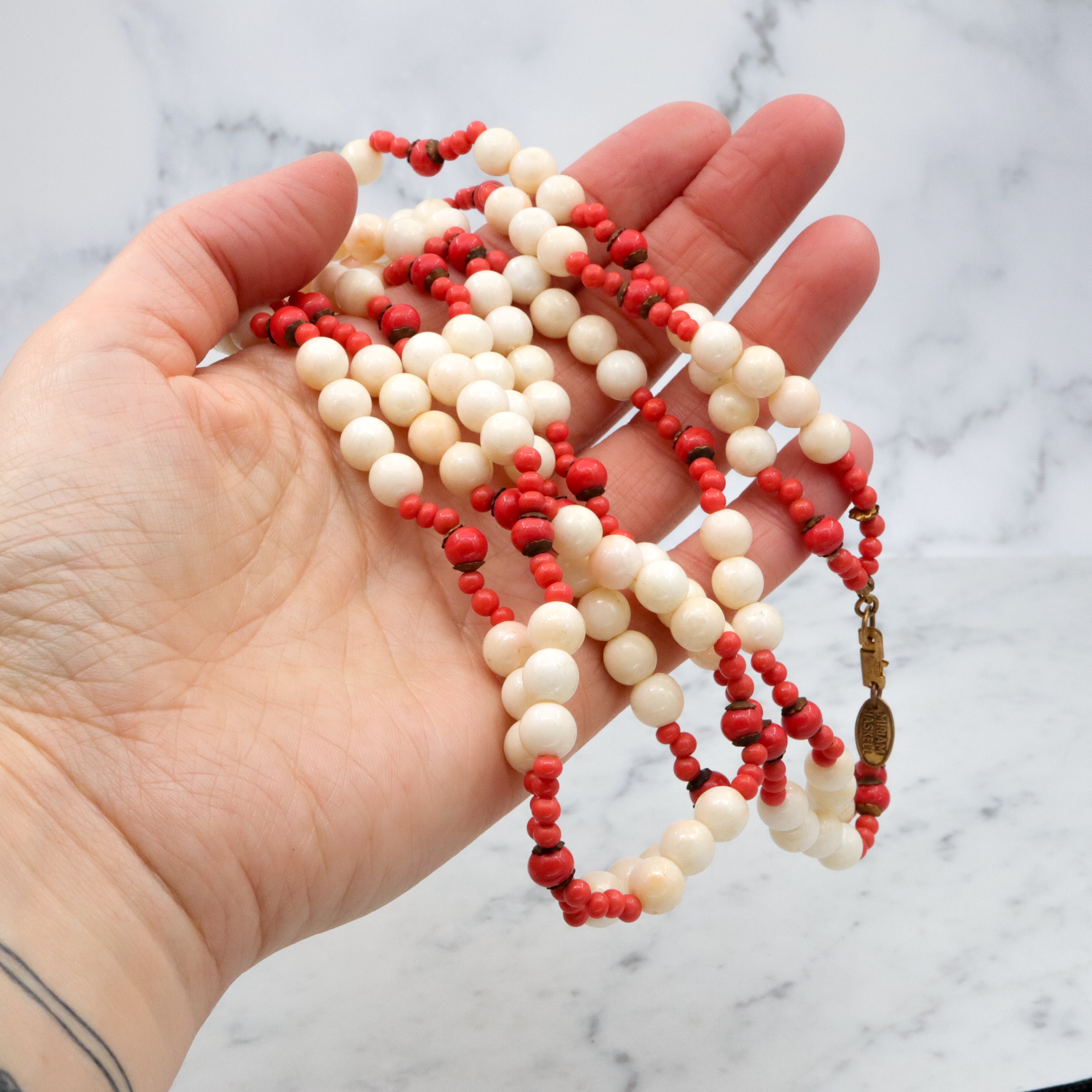 70s Miriam Haskell faux coral & pearl double strand necklace with slide clasp, 26"