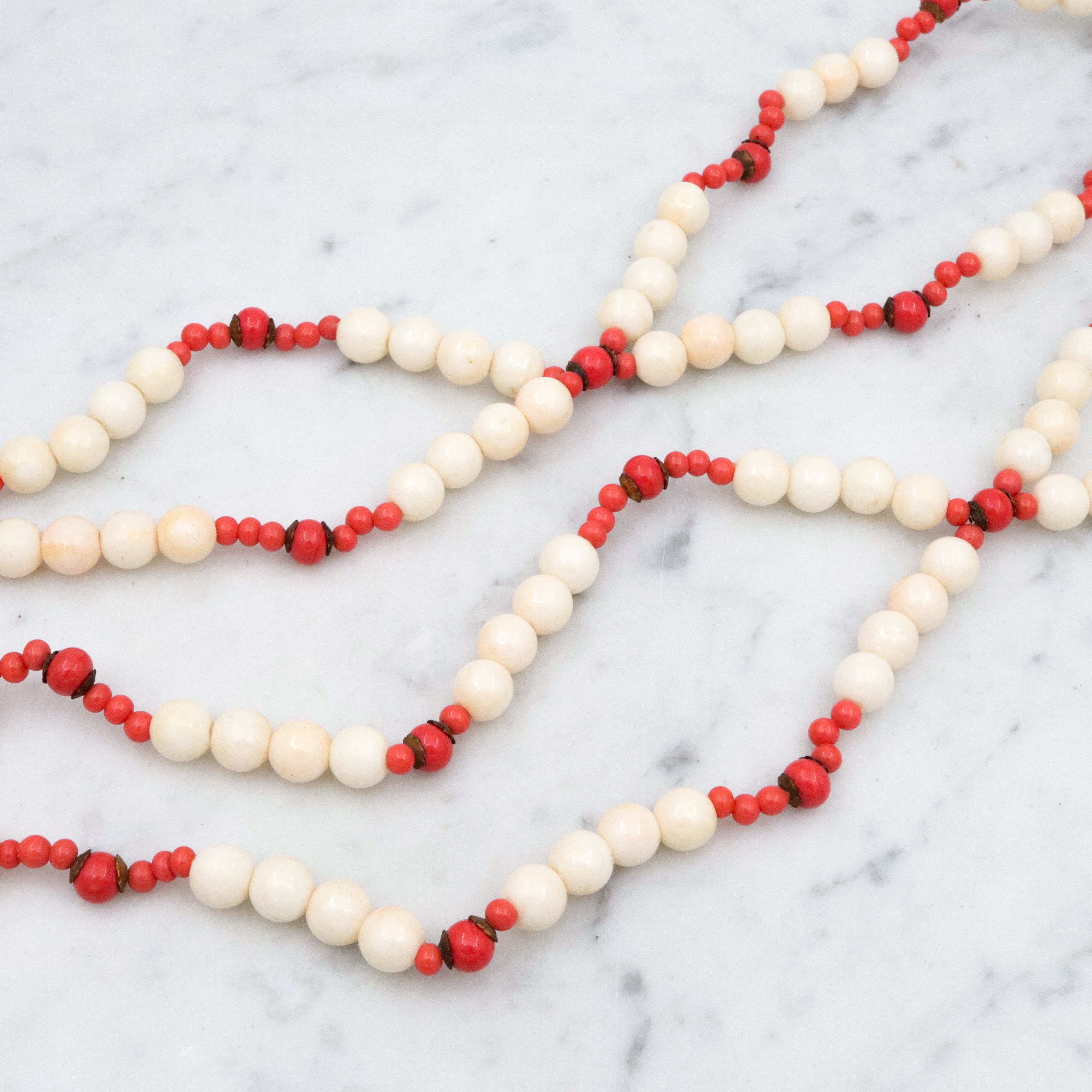 70s Miriam Haskell faux coral & pearl double strand necklace with slide clasp, 26"