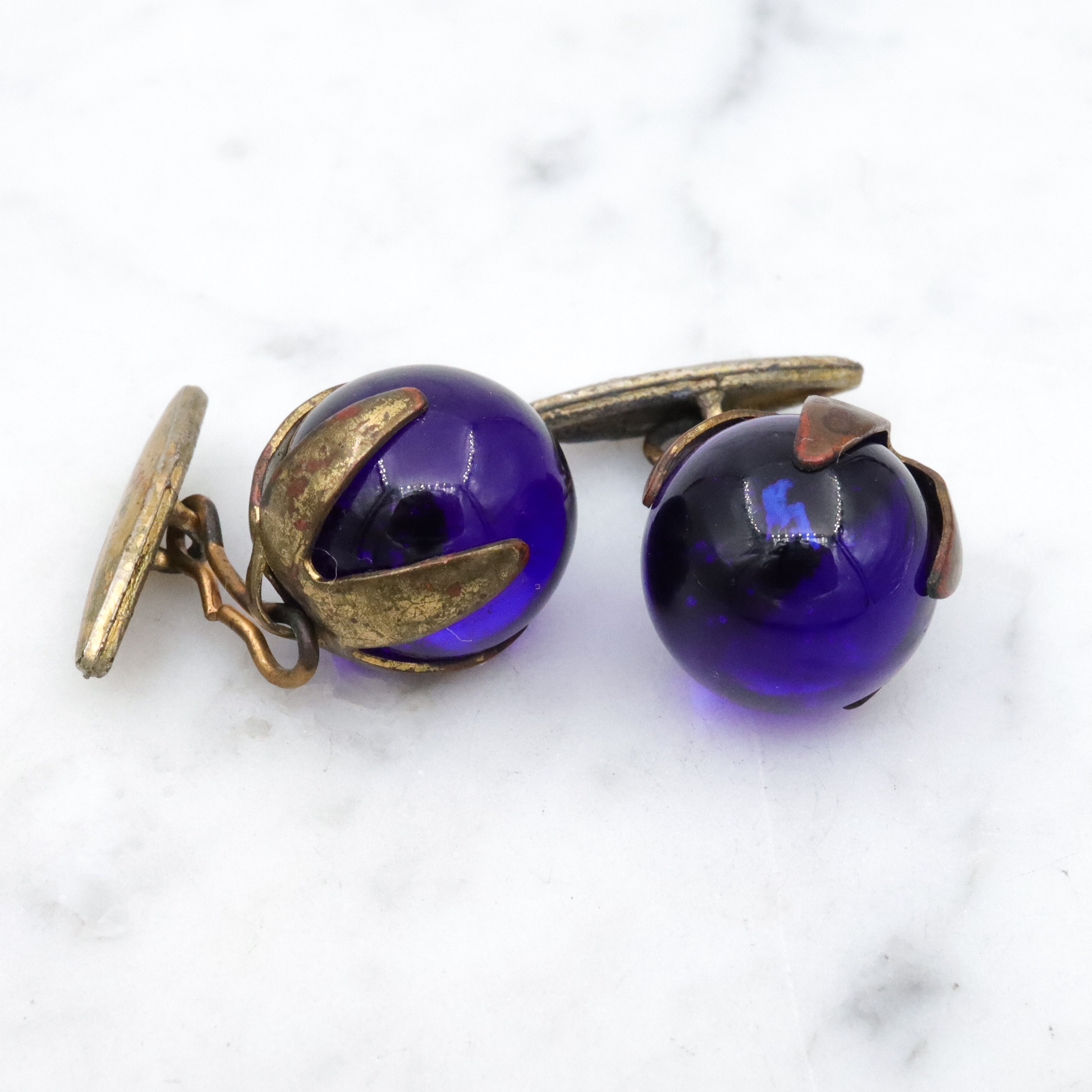 Antique cobalt blue glass sphere brass cuff links