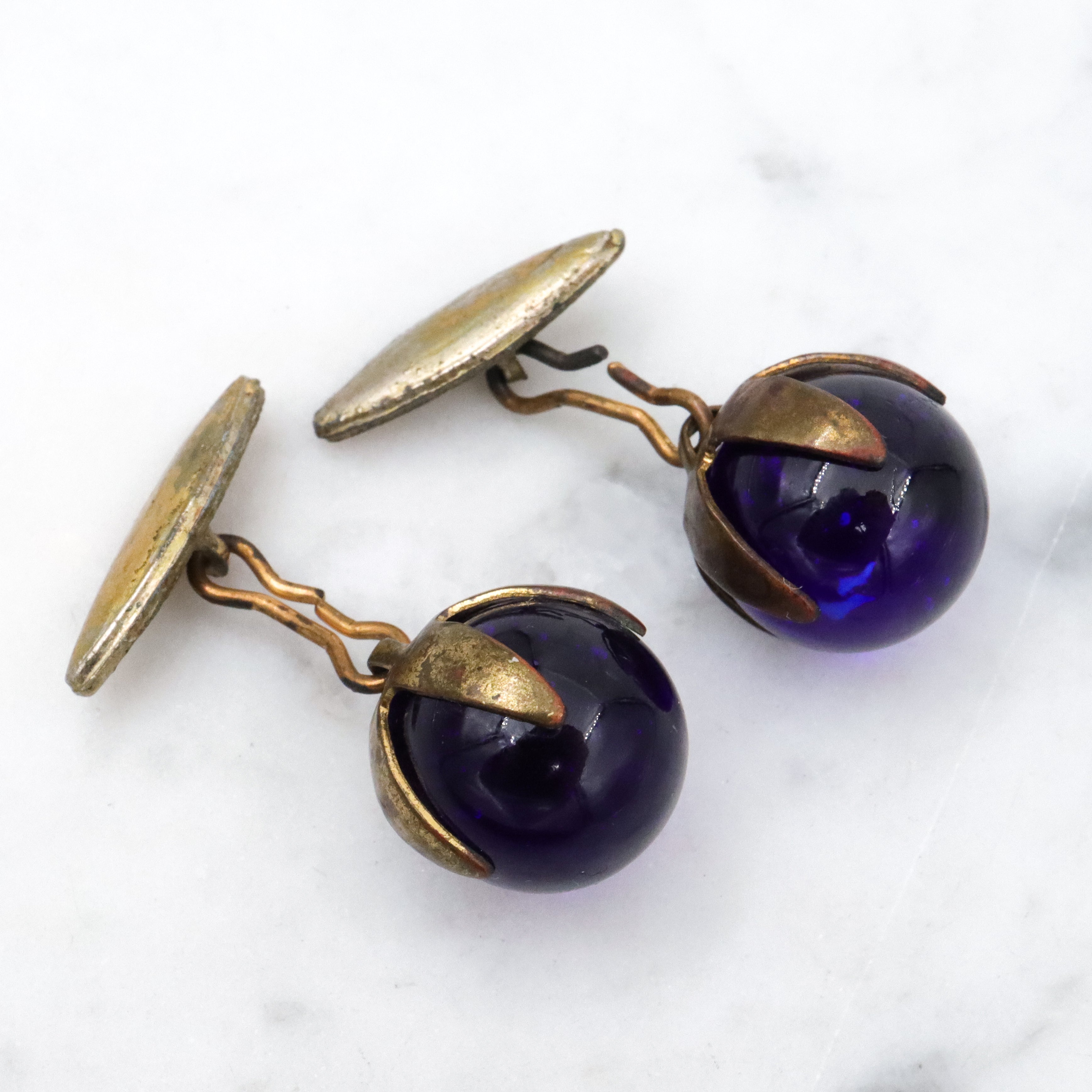 Antique cobalt blue glass sphere brass cuff links