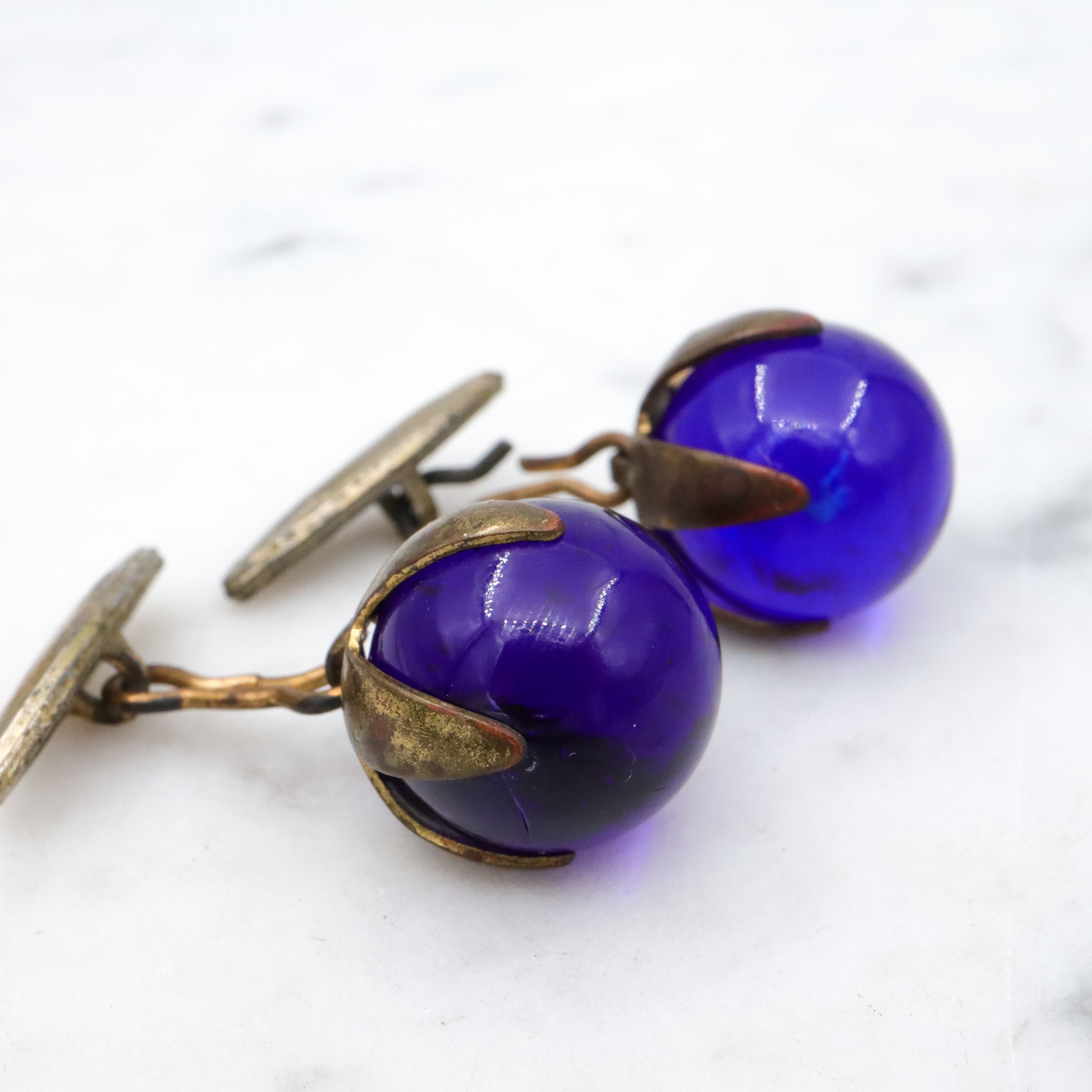Antique cobalt blue glass sphere brass cuff links