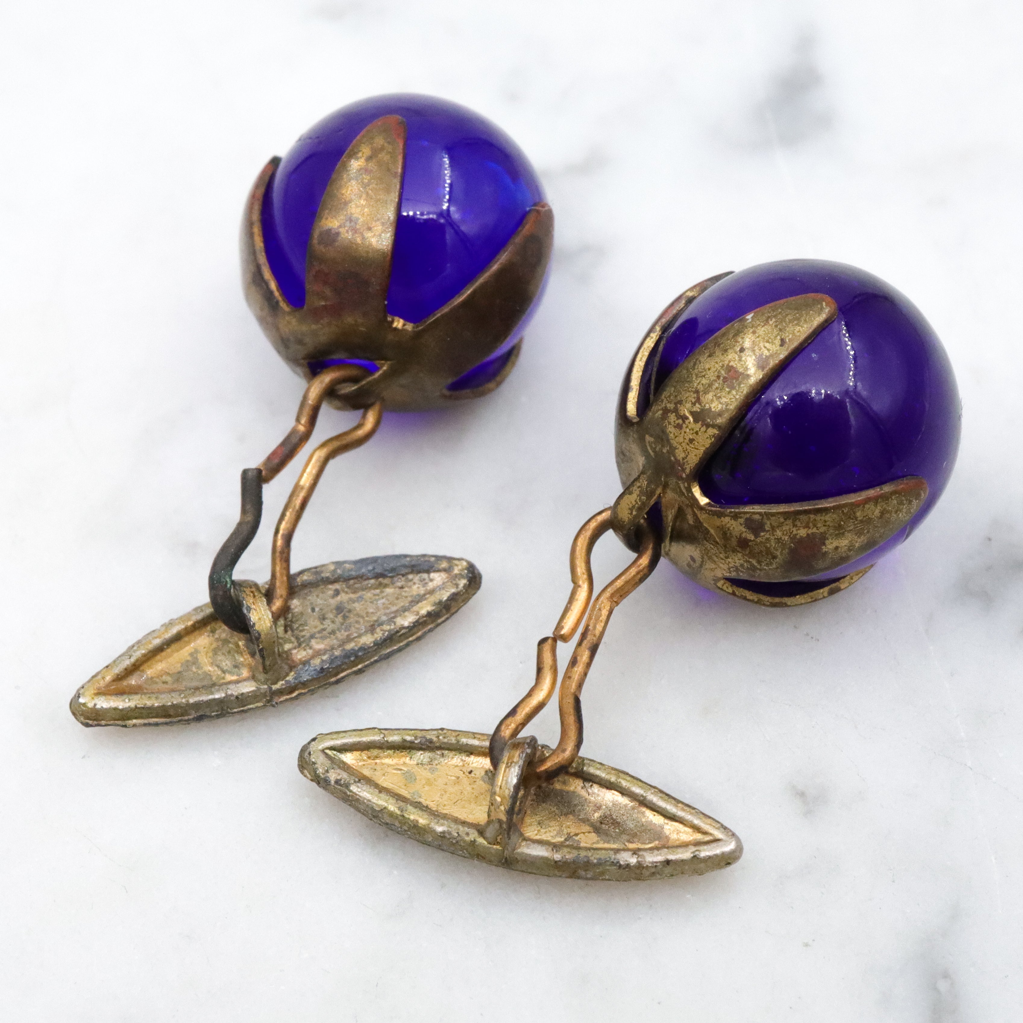 Antique cobalt blue glass sphere brass cuff links