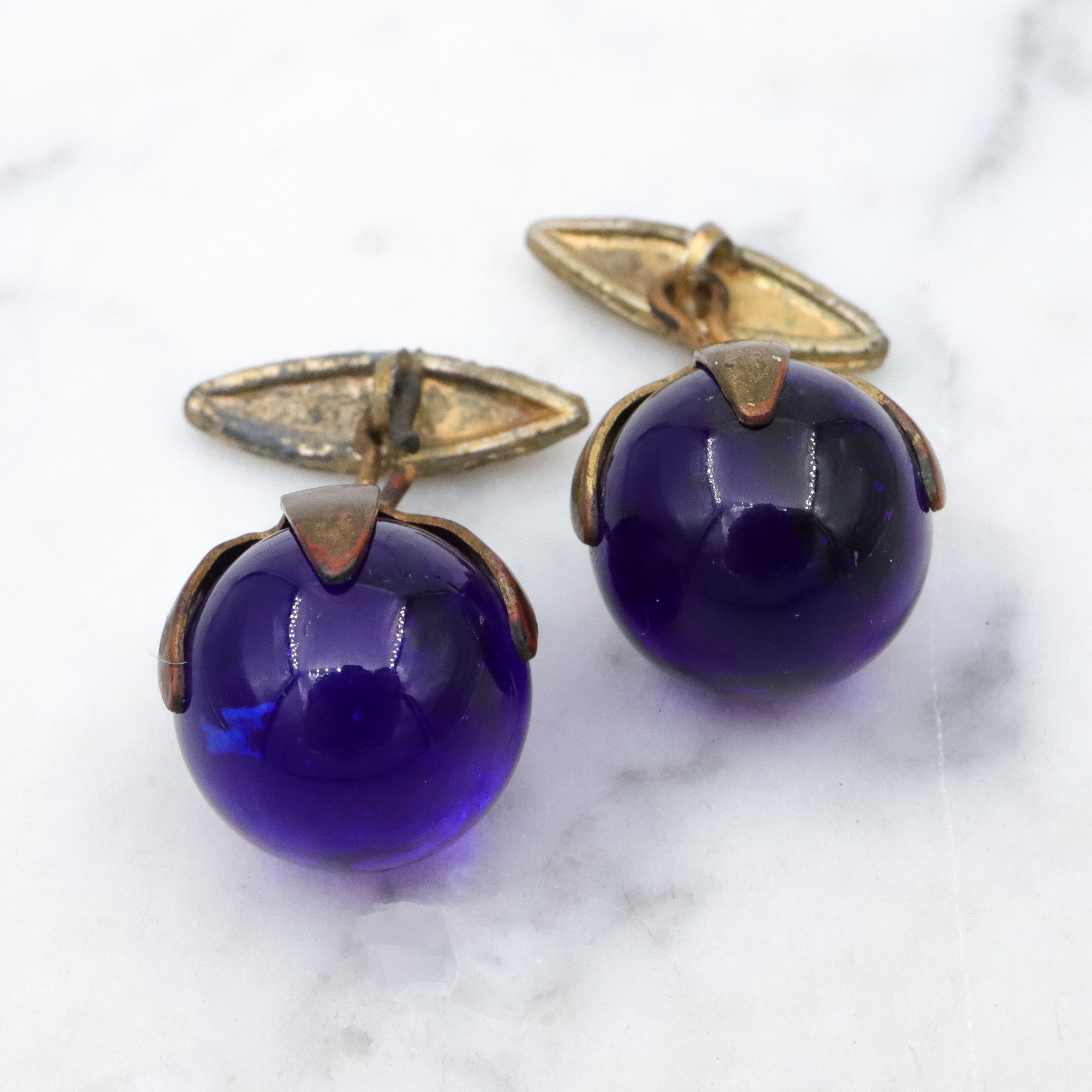 Antique cobalt blue glass sphere brass cuff links