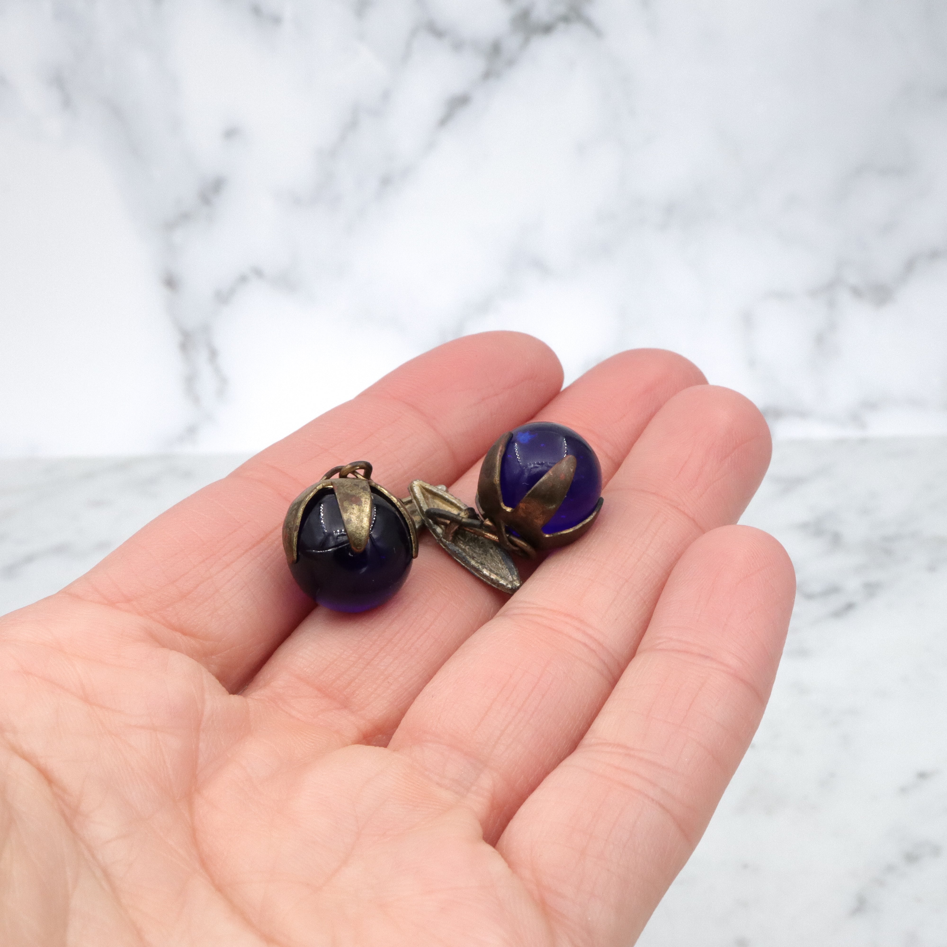 Antique cobalt blue glass sphere brass cuff links
