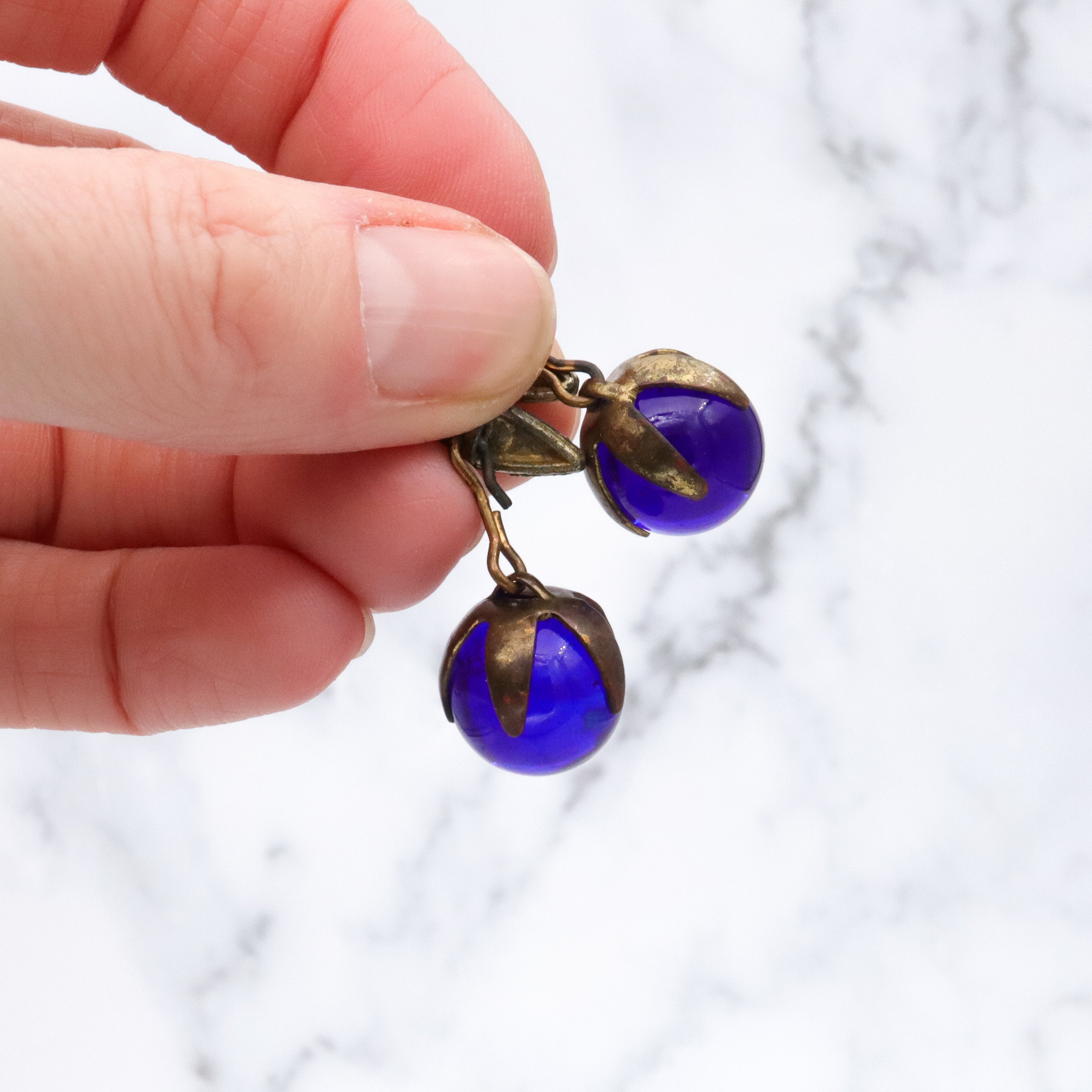 Antique cobalt blue glass sphere brass cuff links