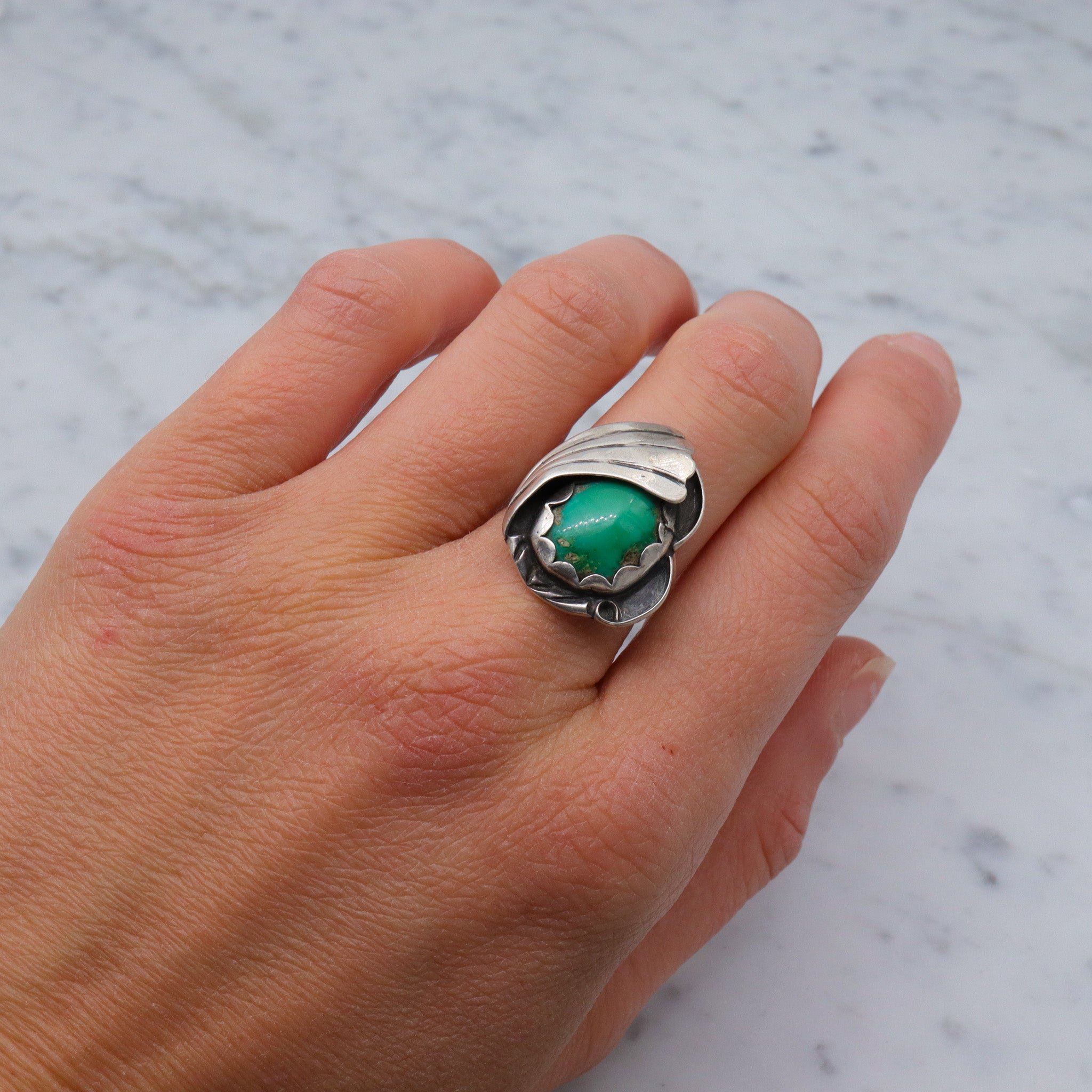 **ON RESERVE**  Antique Navajo sterling & green turquoise ring, sz 8