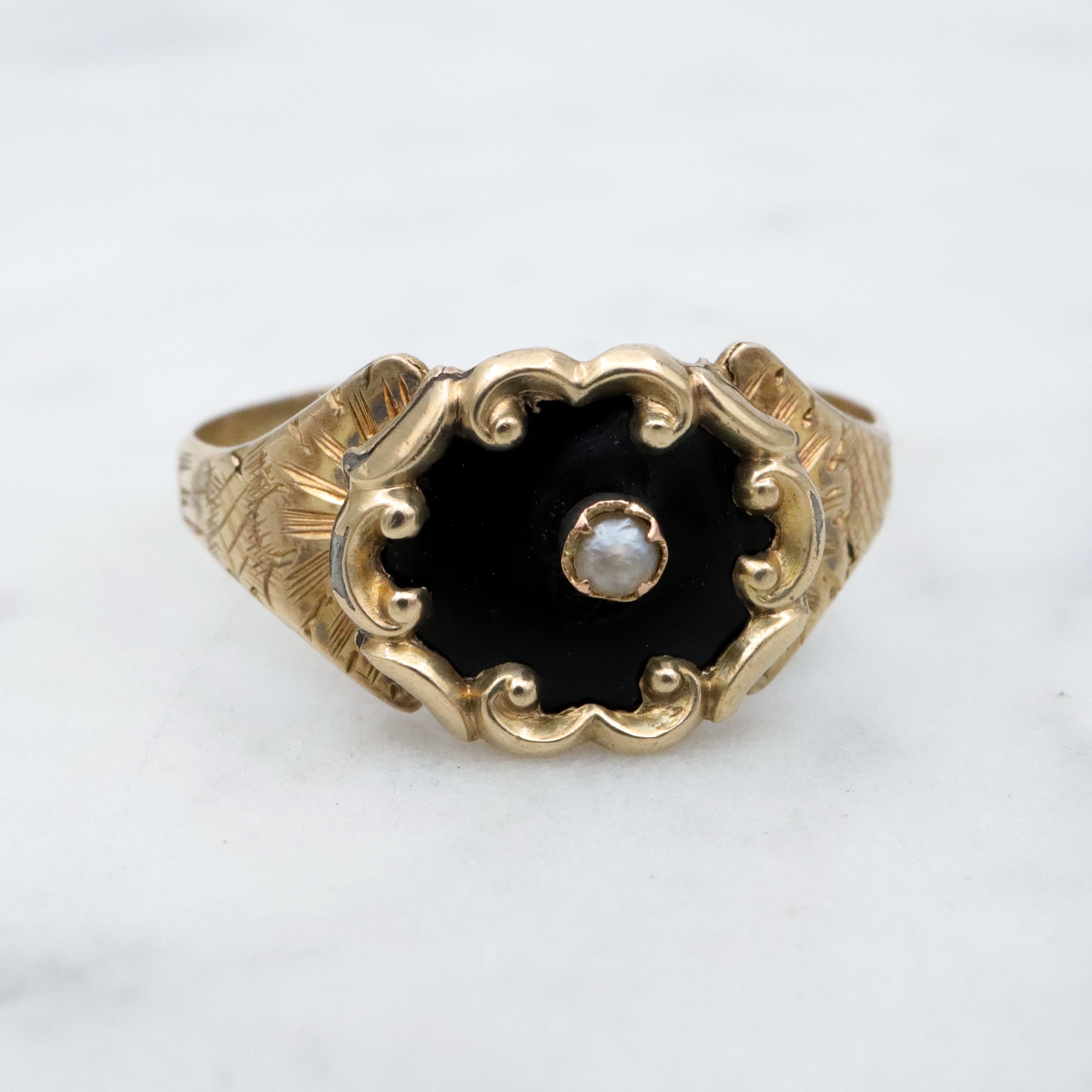 Antique Victorian 10k black enamel & pearl mourning ring, size 6.5
