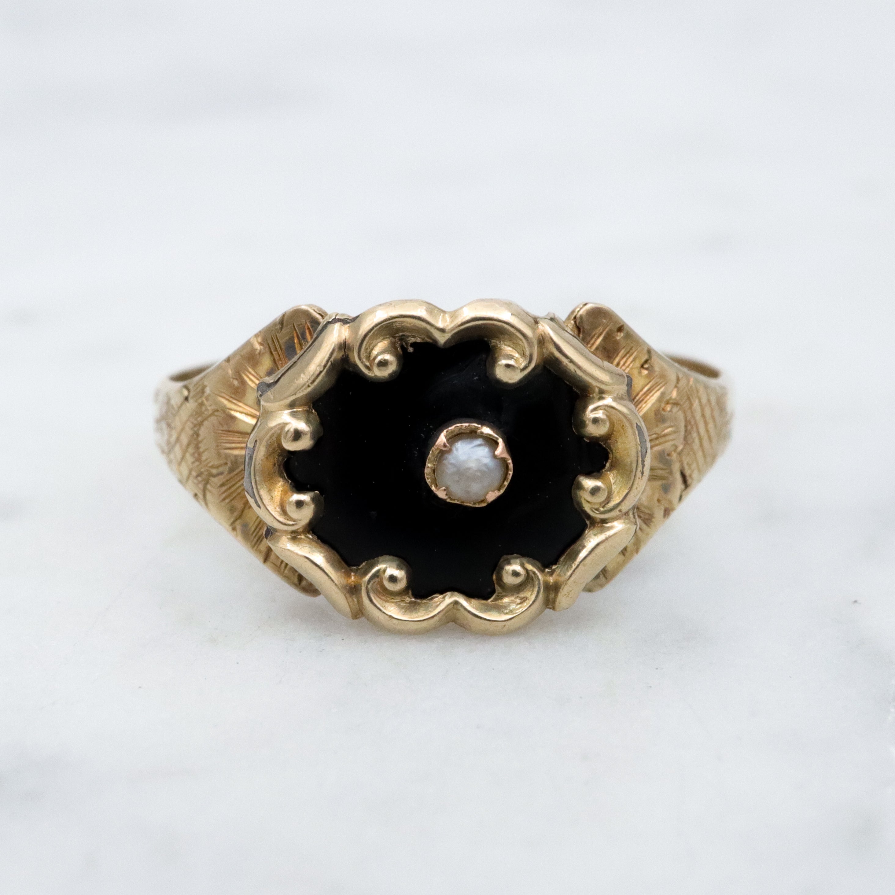 Antique Victorian 10k black enamel & pearl mourning ring, size 6.5