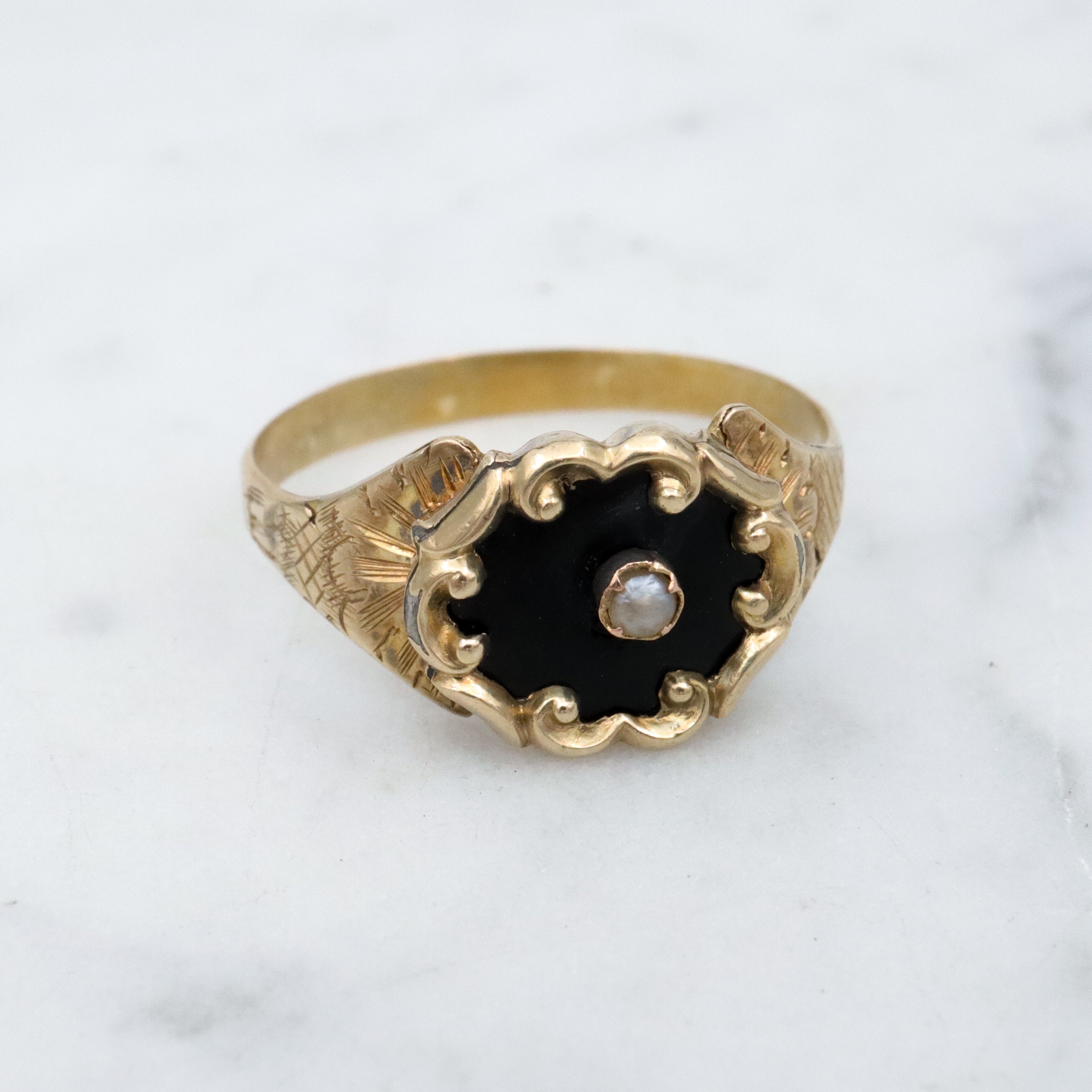 Antique Victorian 10k black enamel & pearl mourning ring, size 6.5