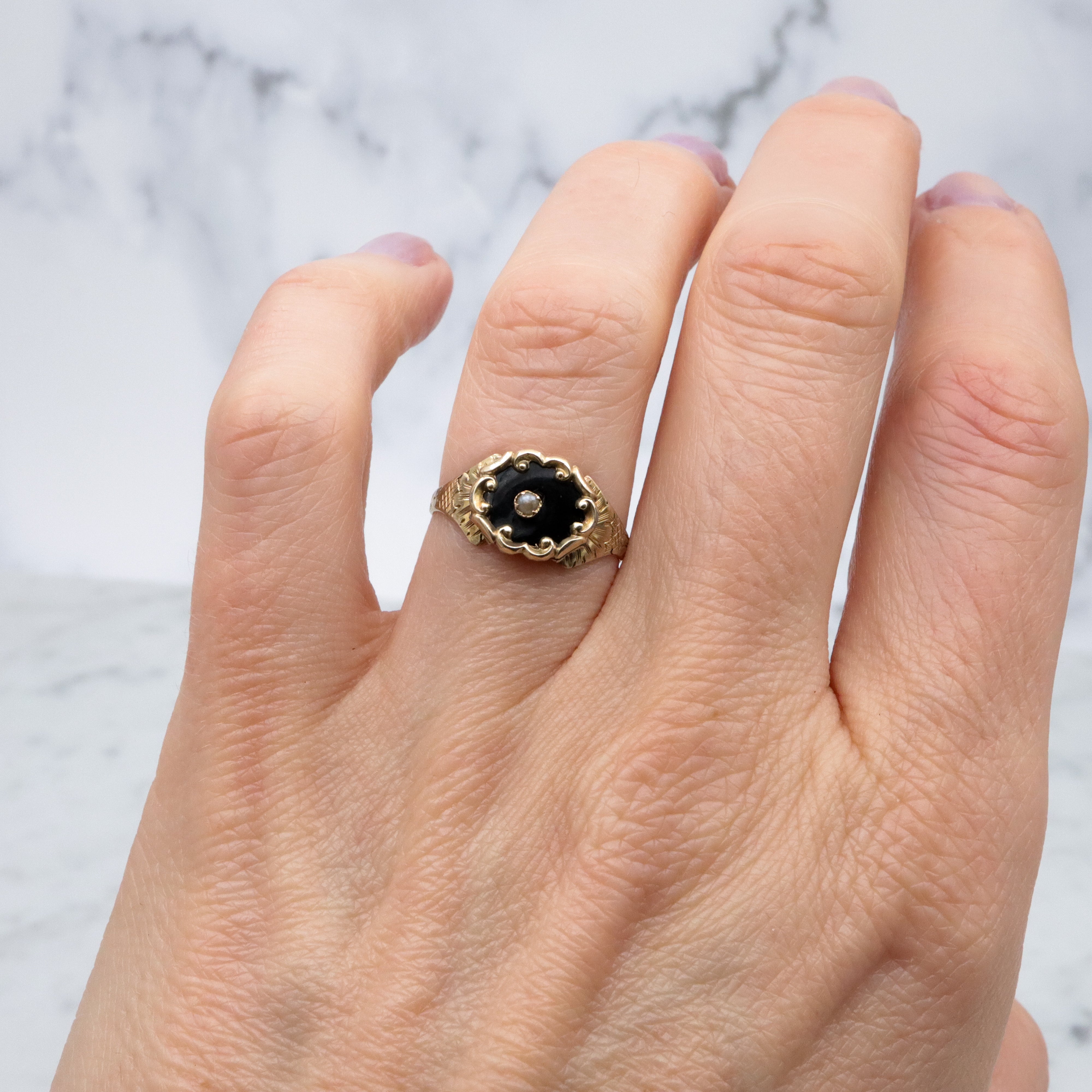 Antique Victorian 10k black enamel & pearl mourning ring, size 6.5