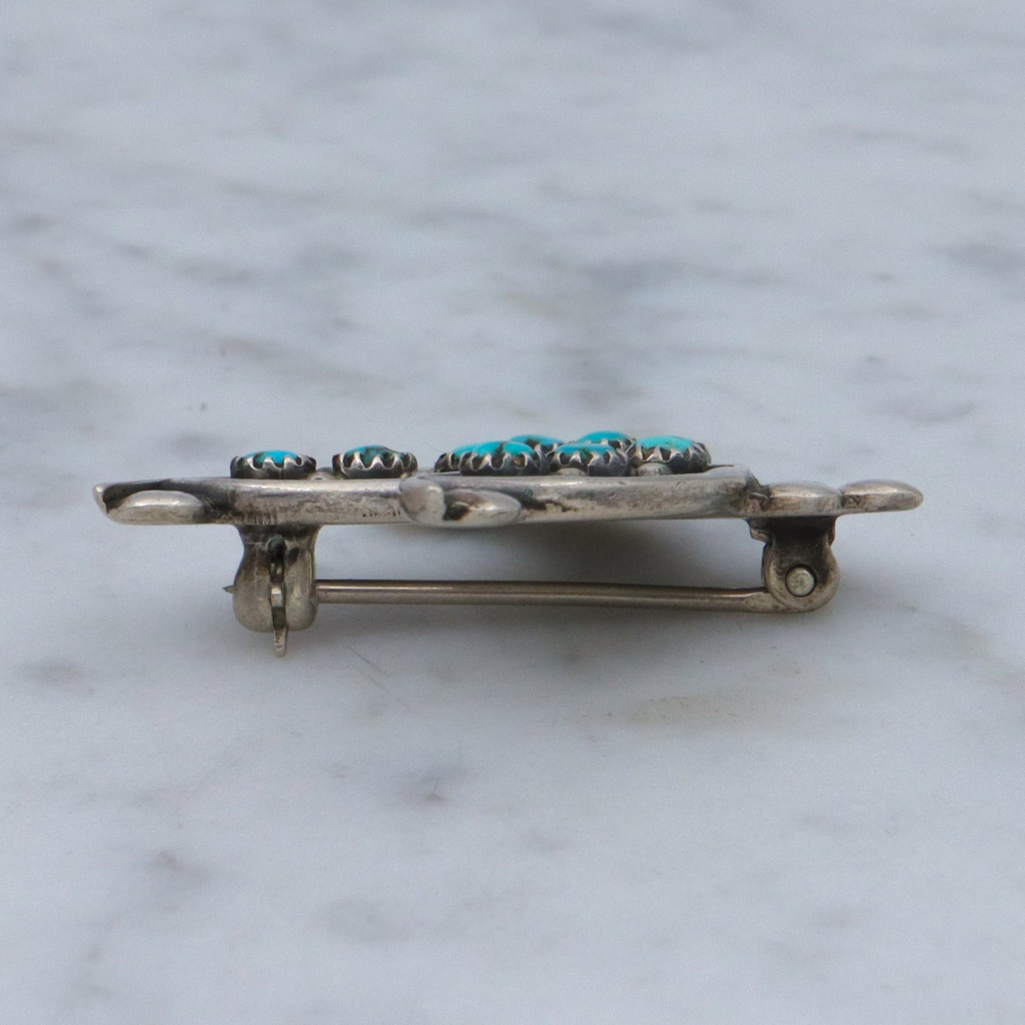 Vintage Zuni sterling & turquoise petit point cactus flower brooch