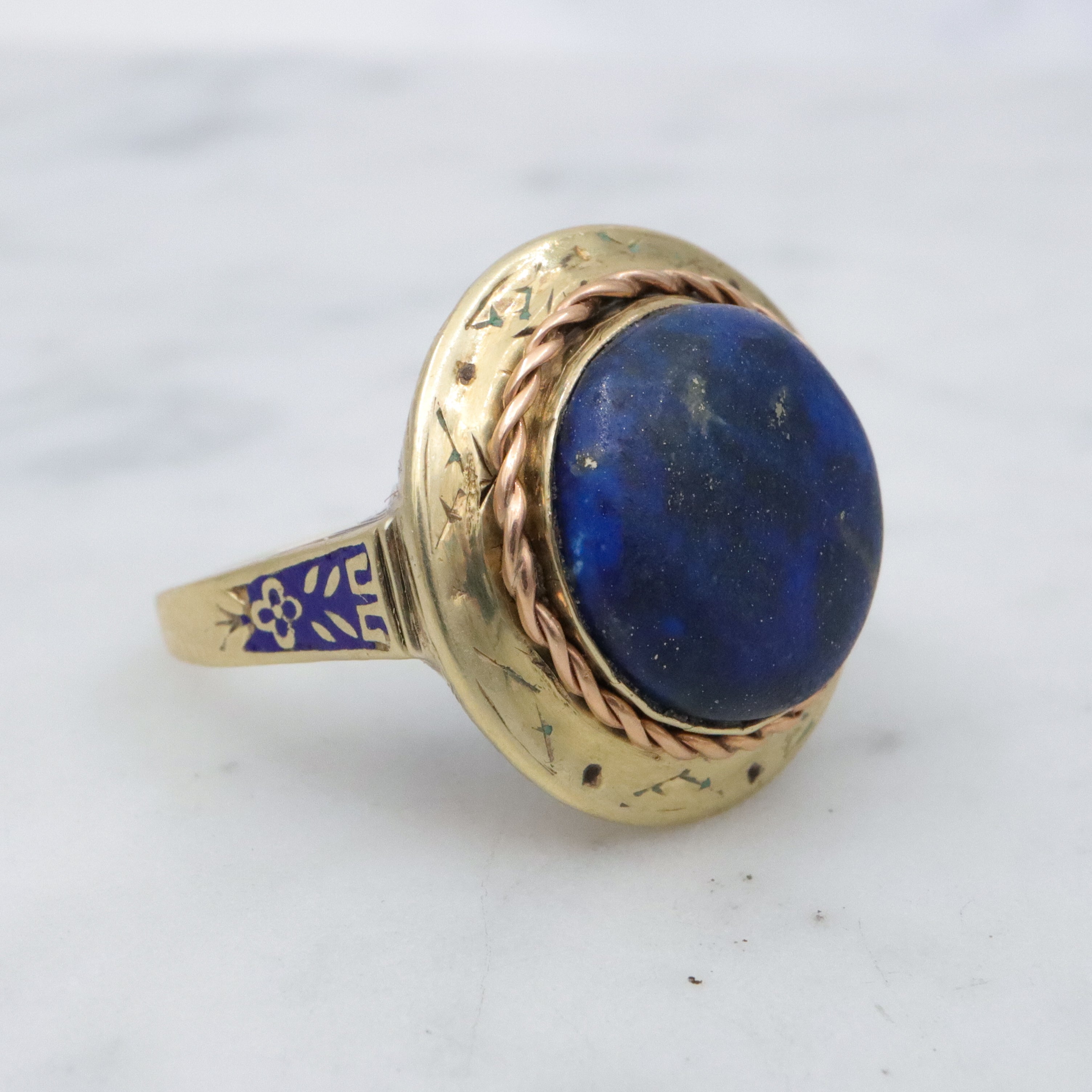 Antique Art Deco 14k gold lapis button ring, sz 7