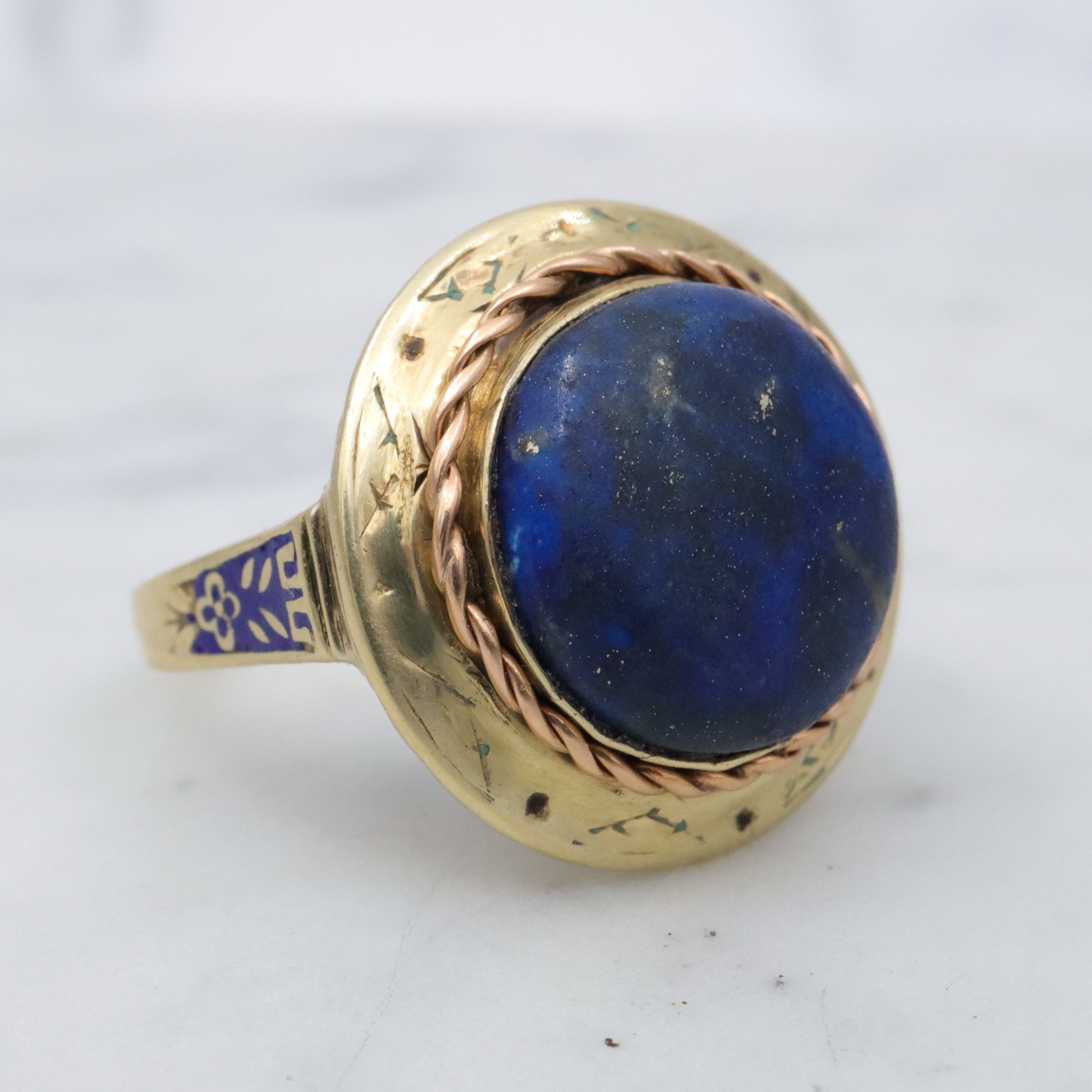 Antique Art Deco 14k gold lapis button ring, sz 7